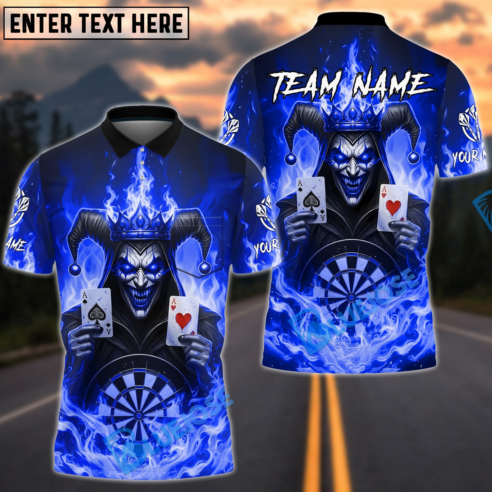 BlueJose Darts Evil Joker Fire Cards Customized Name, Team Name 3D Shirt (4 Colors)