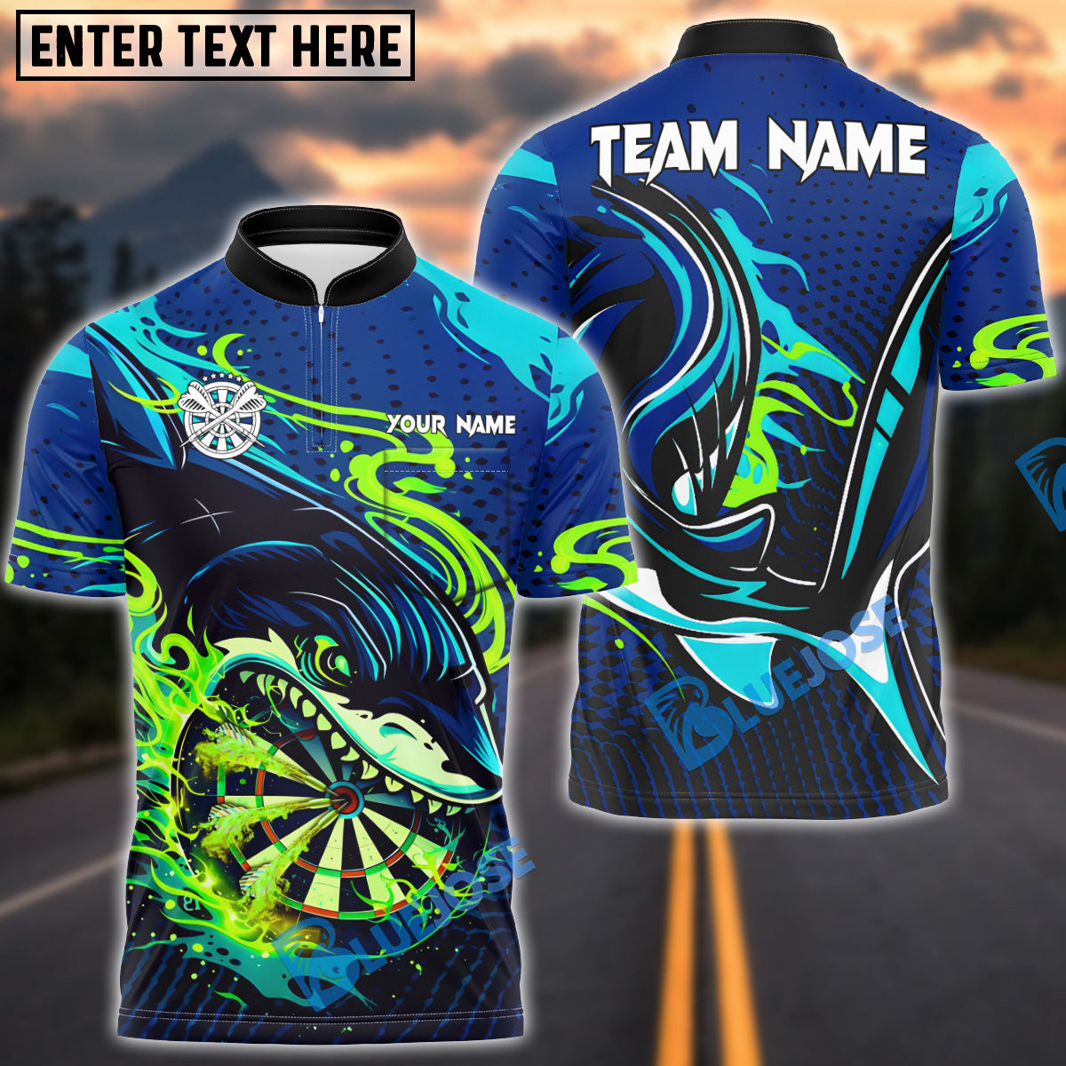 BlueJose Darts Shark Power Strike Multicolor Options Personalized Name Shirt (4 Colors)