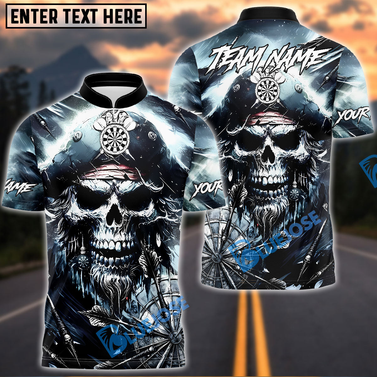 BlueJose Darts Pirate Skull Storm Design Personalized Name, Team Name Unisex Shirt (4 Colors)