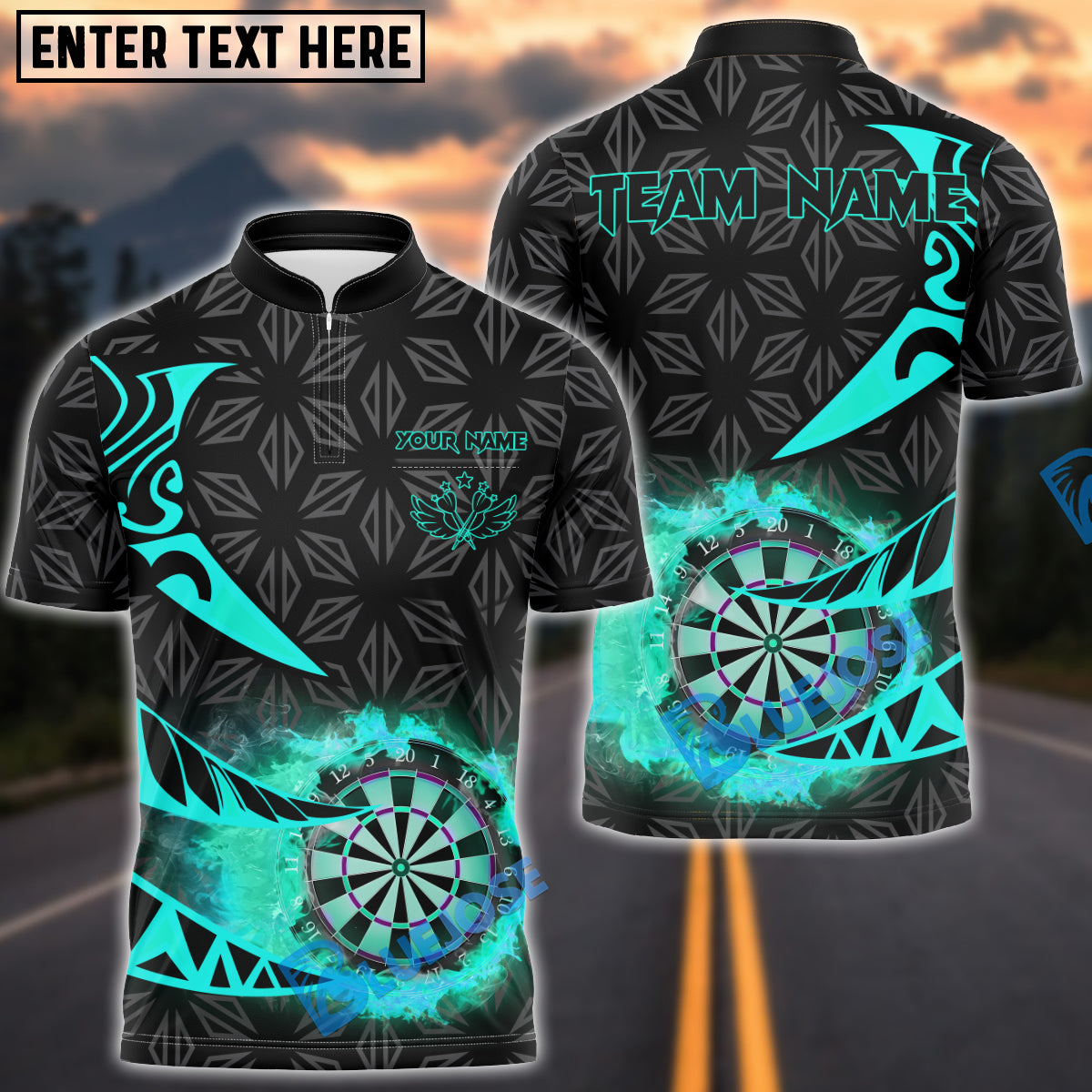 BlueJose Darts Flaming Dartboard Tribal Arrows Personalized Name, Team Name Shirt (4 Colors)