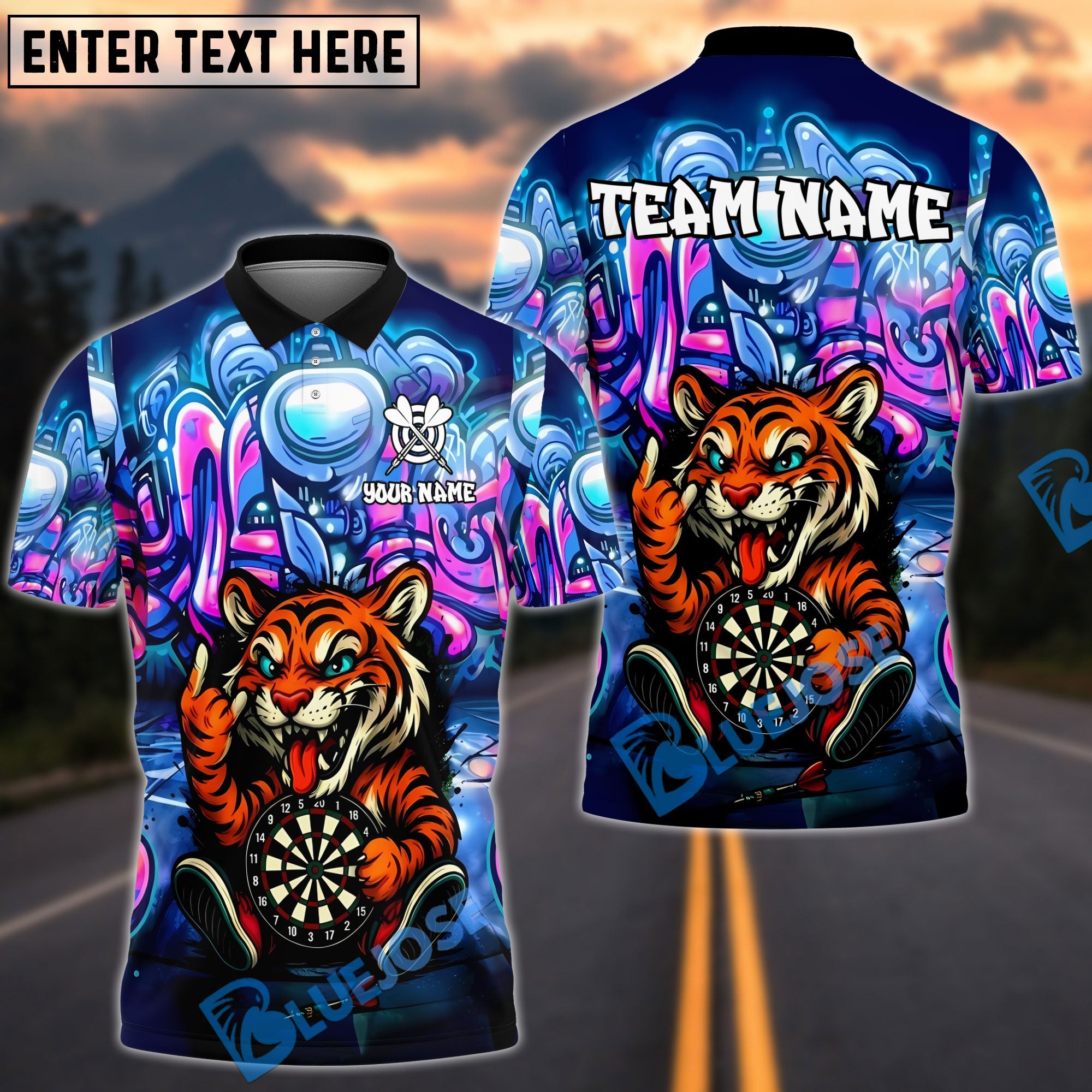 BlueJose Darts Funny Tiger Pose Customized Name, Team Name 3D Shirt (4 Colors)