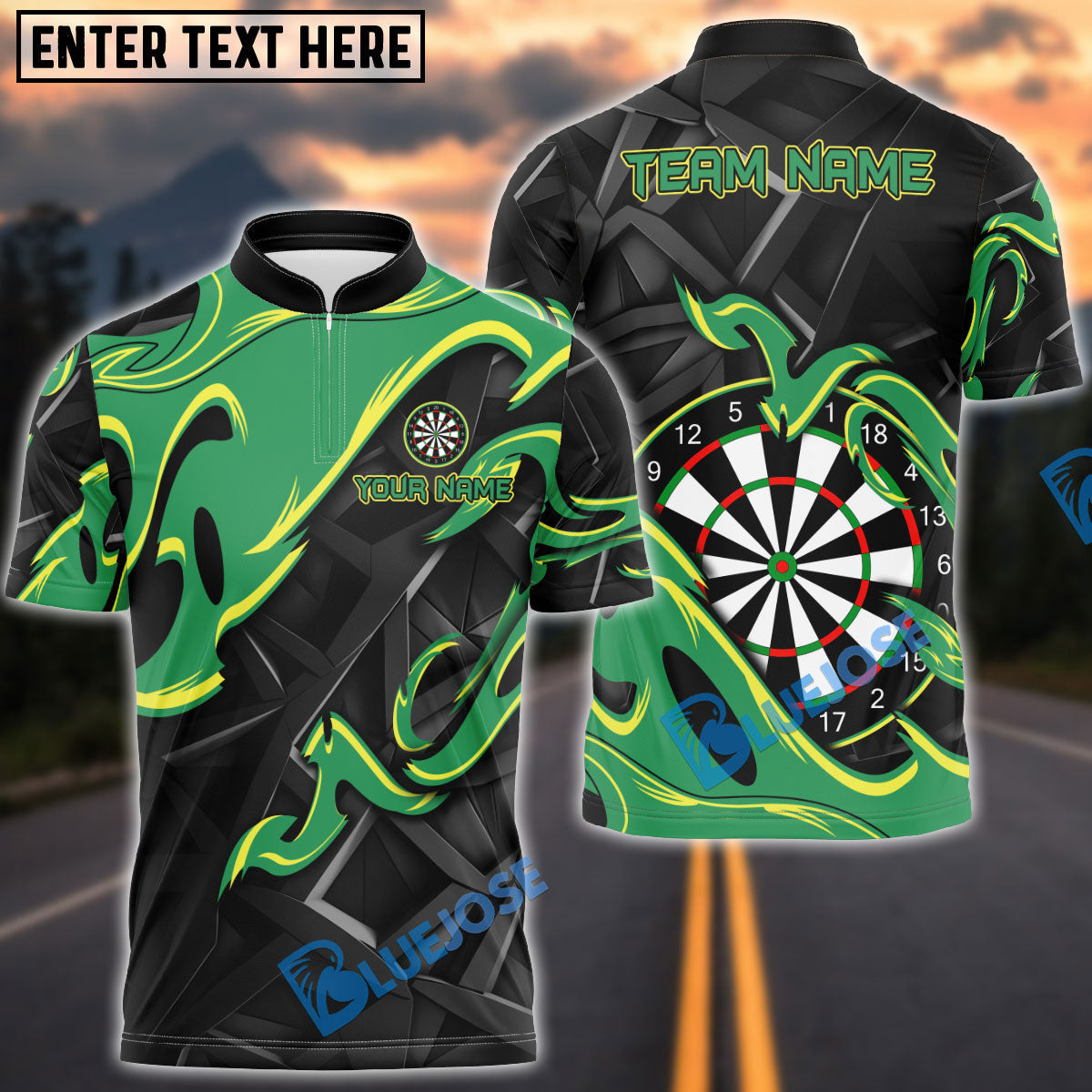 BlueJose Darts Animated Fire Personalized Name, Team Name Shirt (4 Colors)