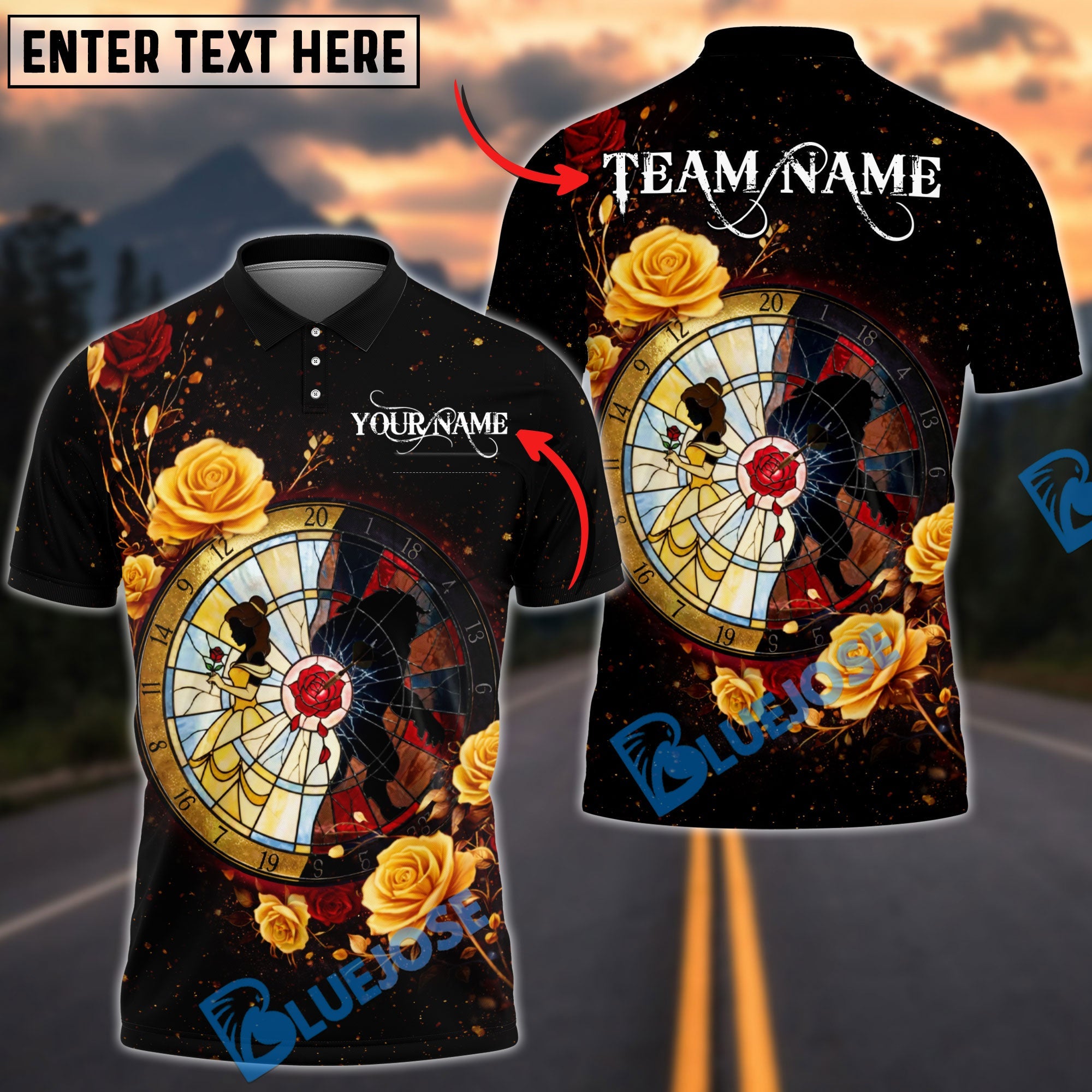 BlueJose Darts Midnight Bloom Multicolor Options Personalized Name Shirt (4 Colors)