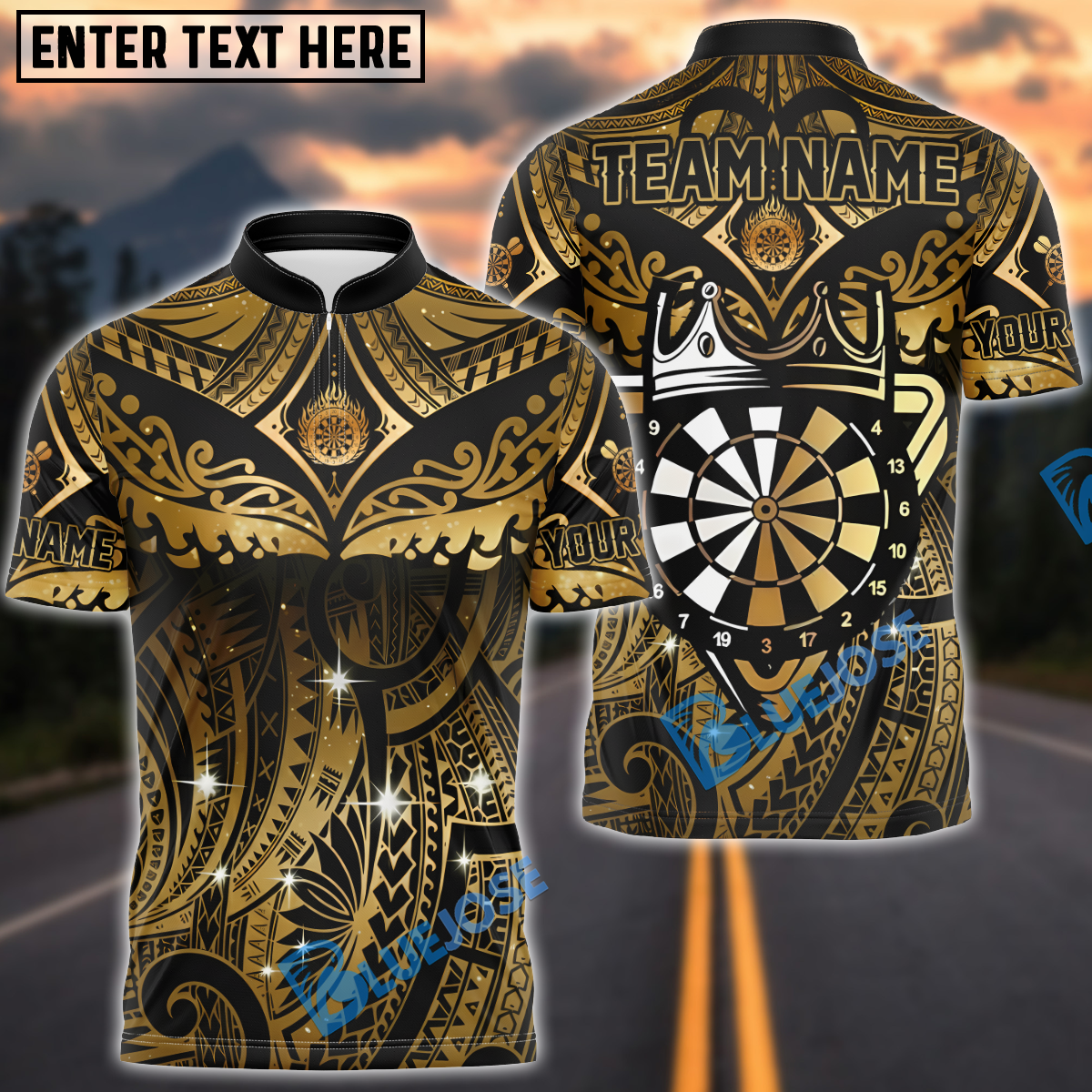 BlueJose Darts Royal Crown Gold Pattern Customized Name, Team Name 3D Shirt (4 Colors)