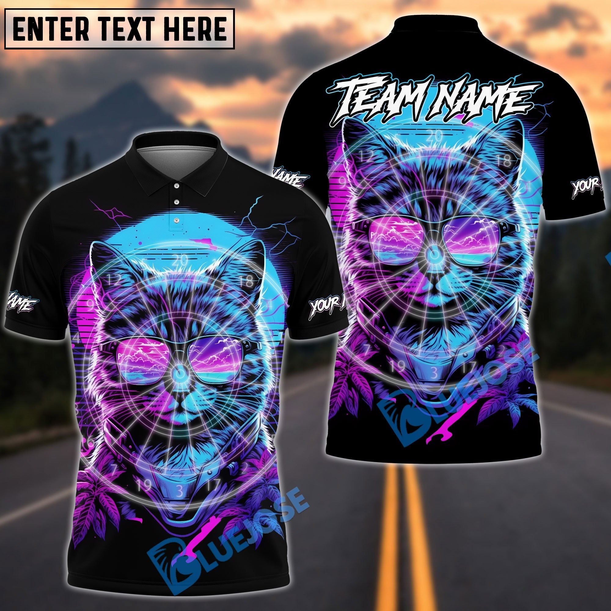 BlueJose Darts Neon Cat Cyberpunk Design Multicolor Options Personalized Name Shirt (4 Colors)