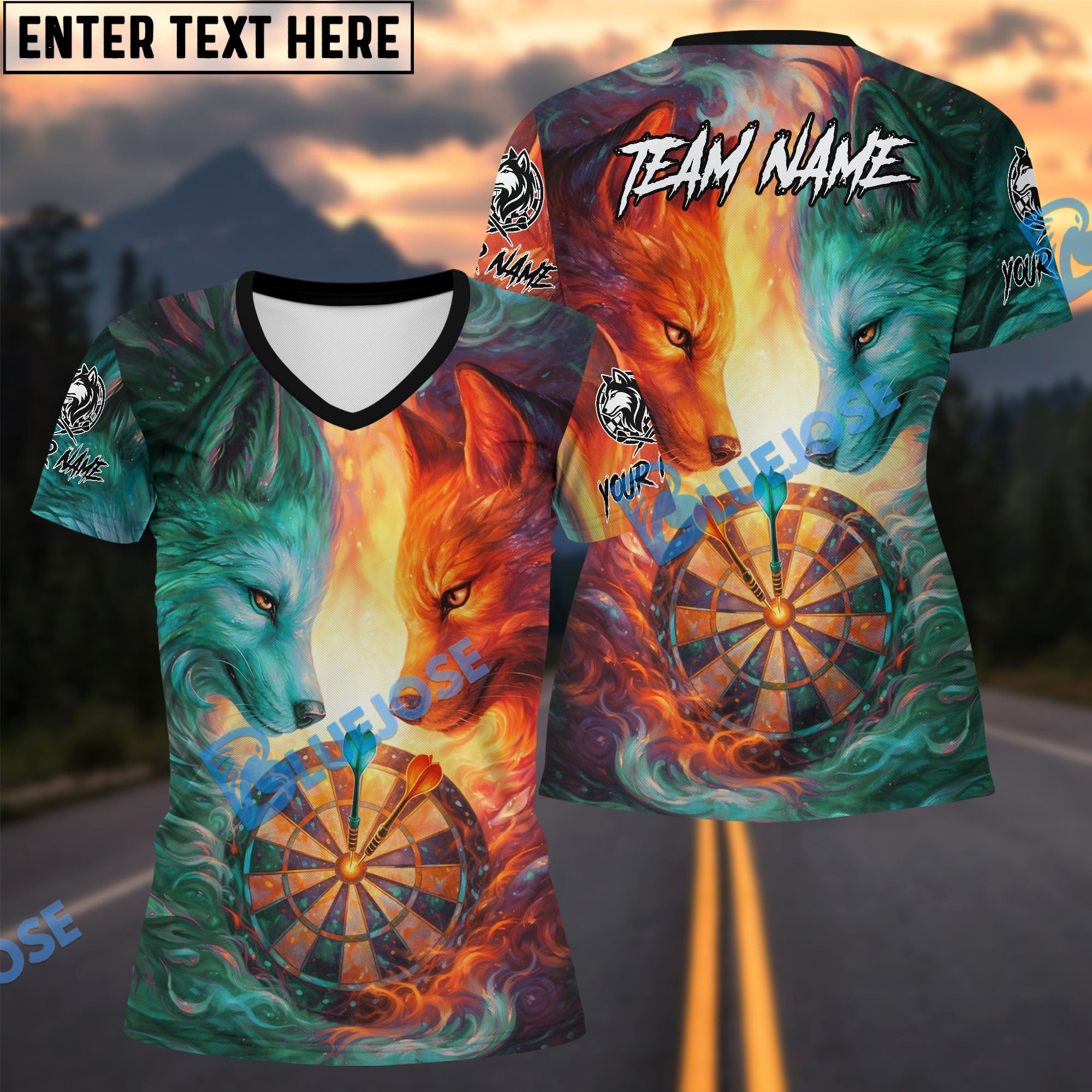 BlueJose Darts Fire & Ice Dual Wolves Dartboard Fantasy Multicolor Options Personalized Name Shirt (4 Colors)