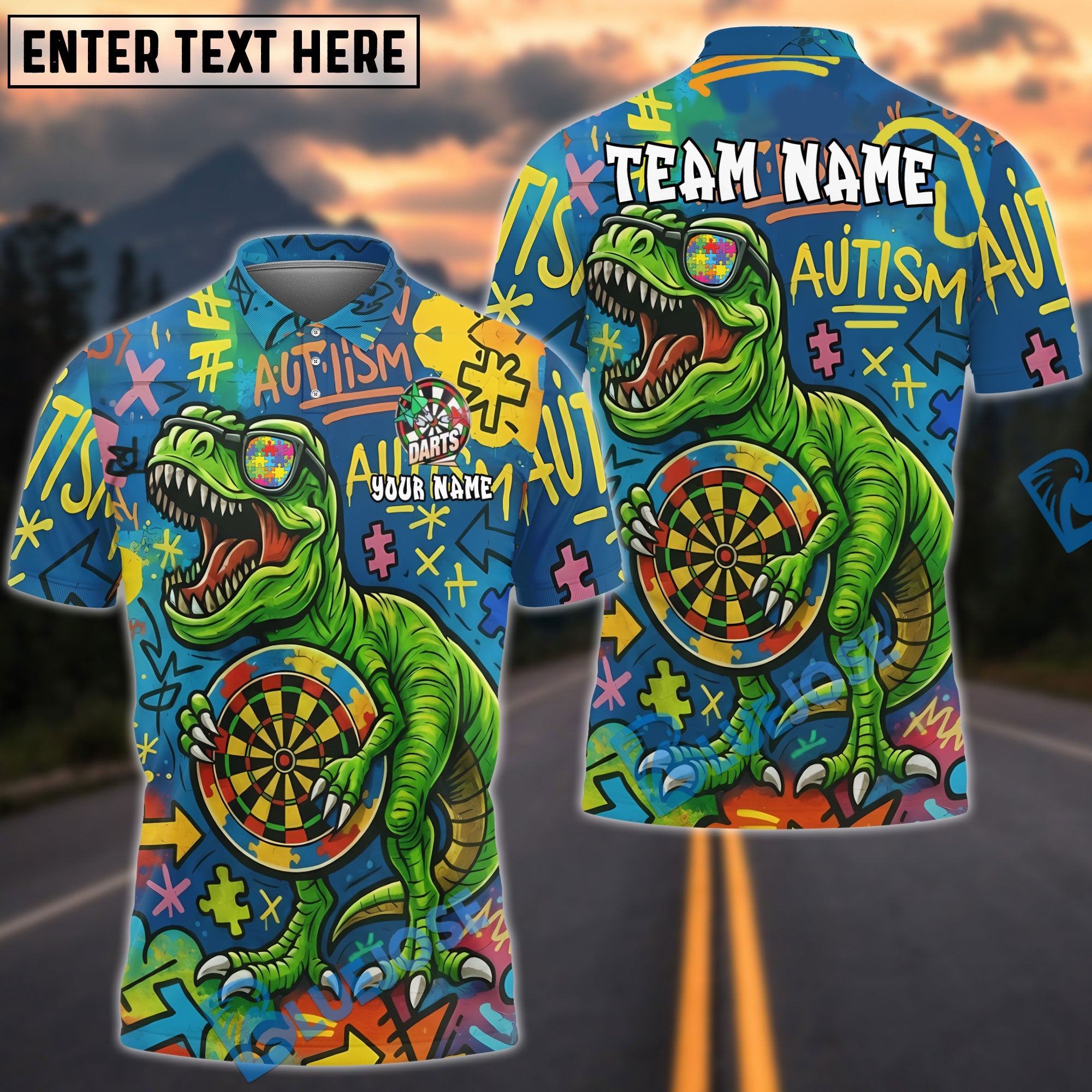 BlueJose Darts Autism Awareness T-Rex Graffiti Personalized Name, Team Name Shirt