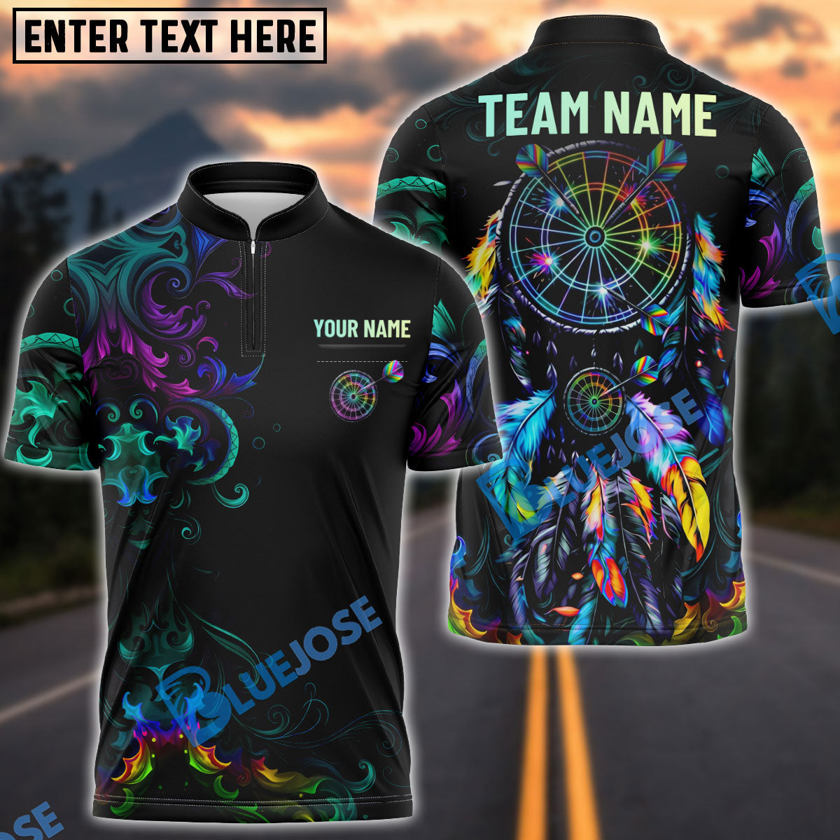 BlueJose Darts Colorful Dreamcatcher Neon Tribal Dartboard Target Personalized Name, Team Name Unisex Shirt (4 Colors)