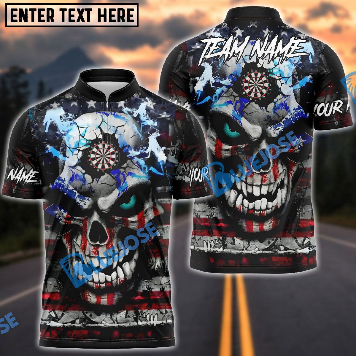BlueJose Darts American Flag Skull Cracked Style Personalized Name Shirt