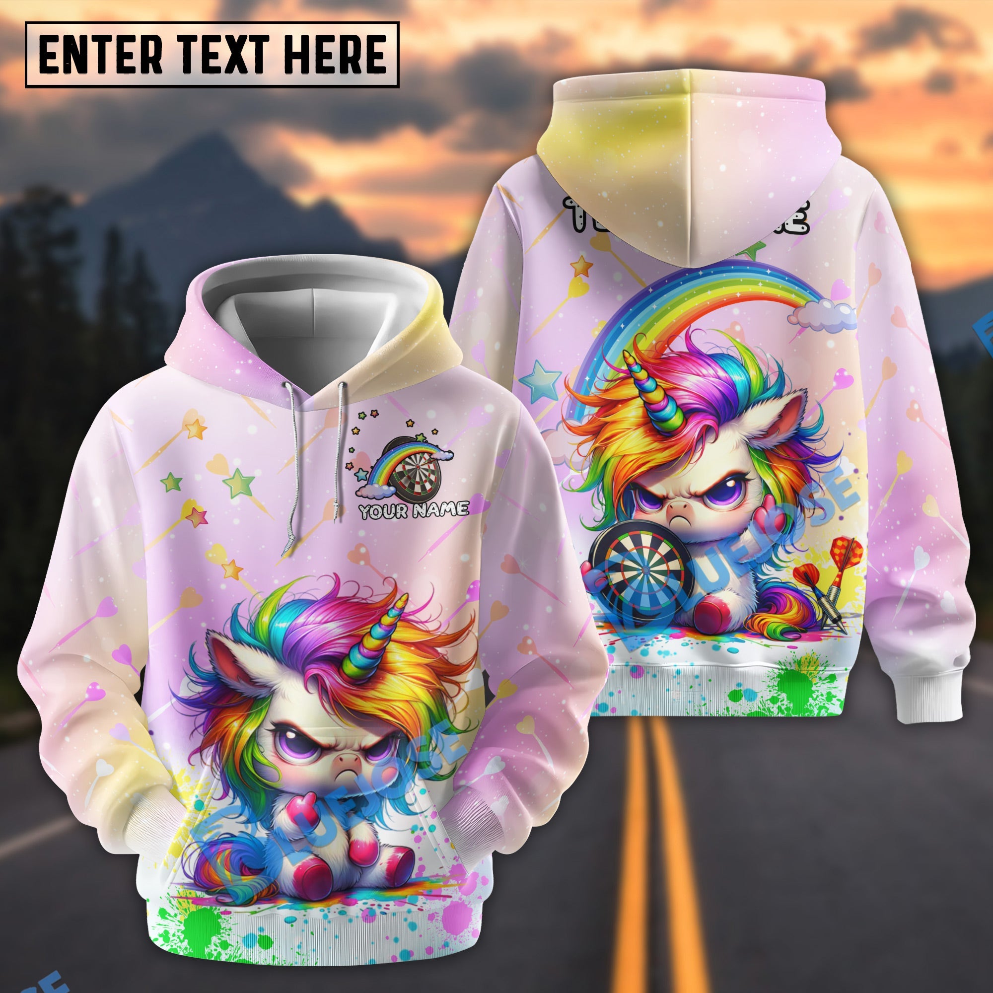 BlueJose Darts Cute Angry Unicorn Rainbow Dartboard Personalized Name Shirt