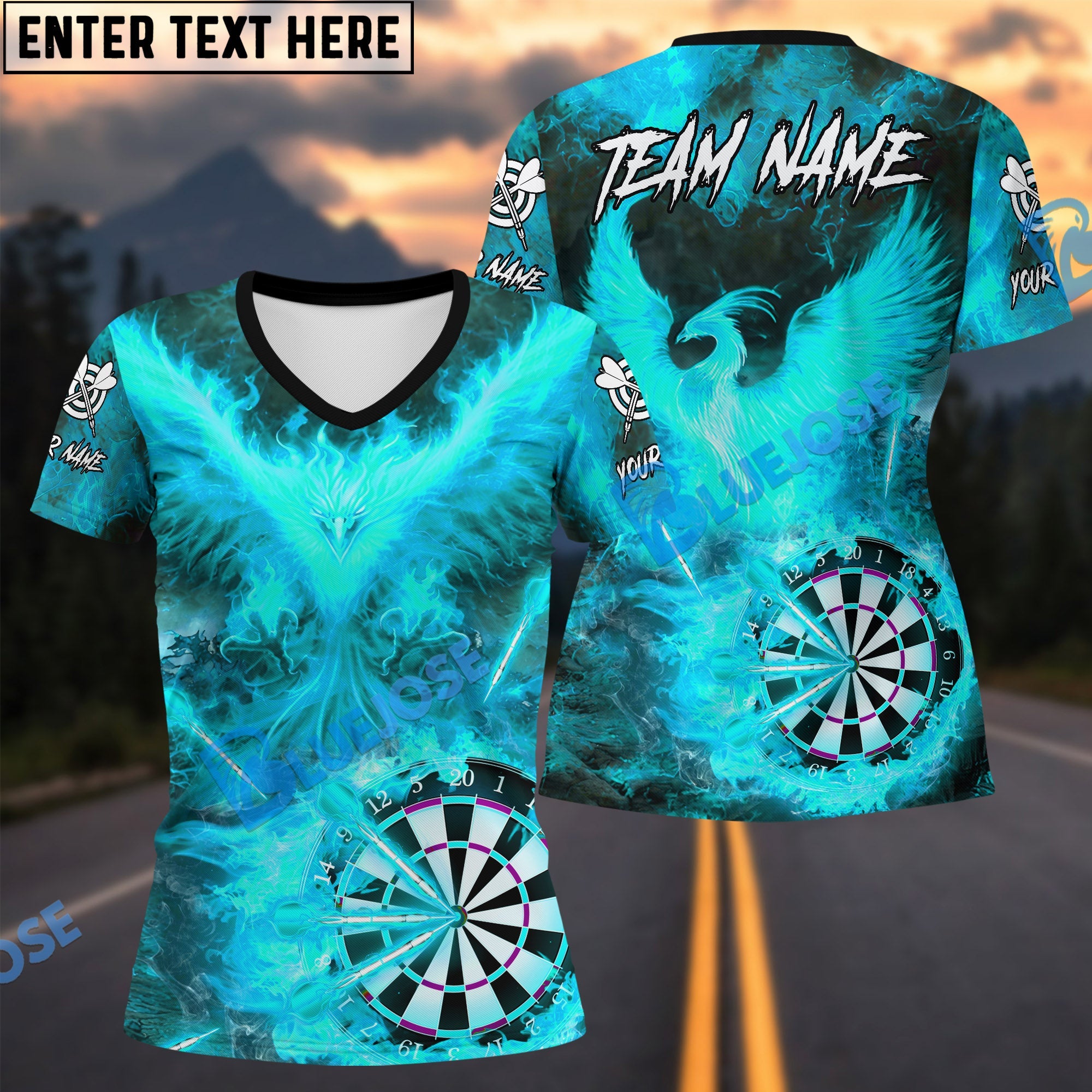 BlueJose Darts Flaming Phoenix Dartboard Multicolor Options Personalized Name Shirt (4 Colors)