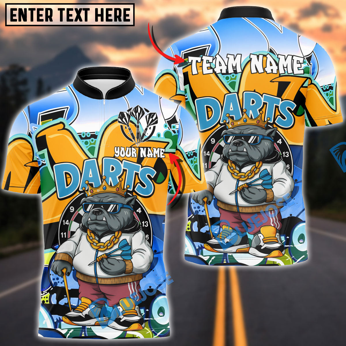 BlueJose Darts Graffiti Bulldog King Style Personalized Name, Team Name Shirt (4 Colors)