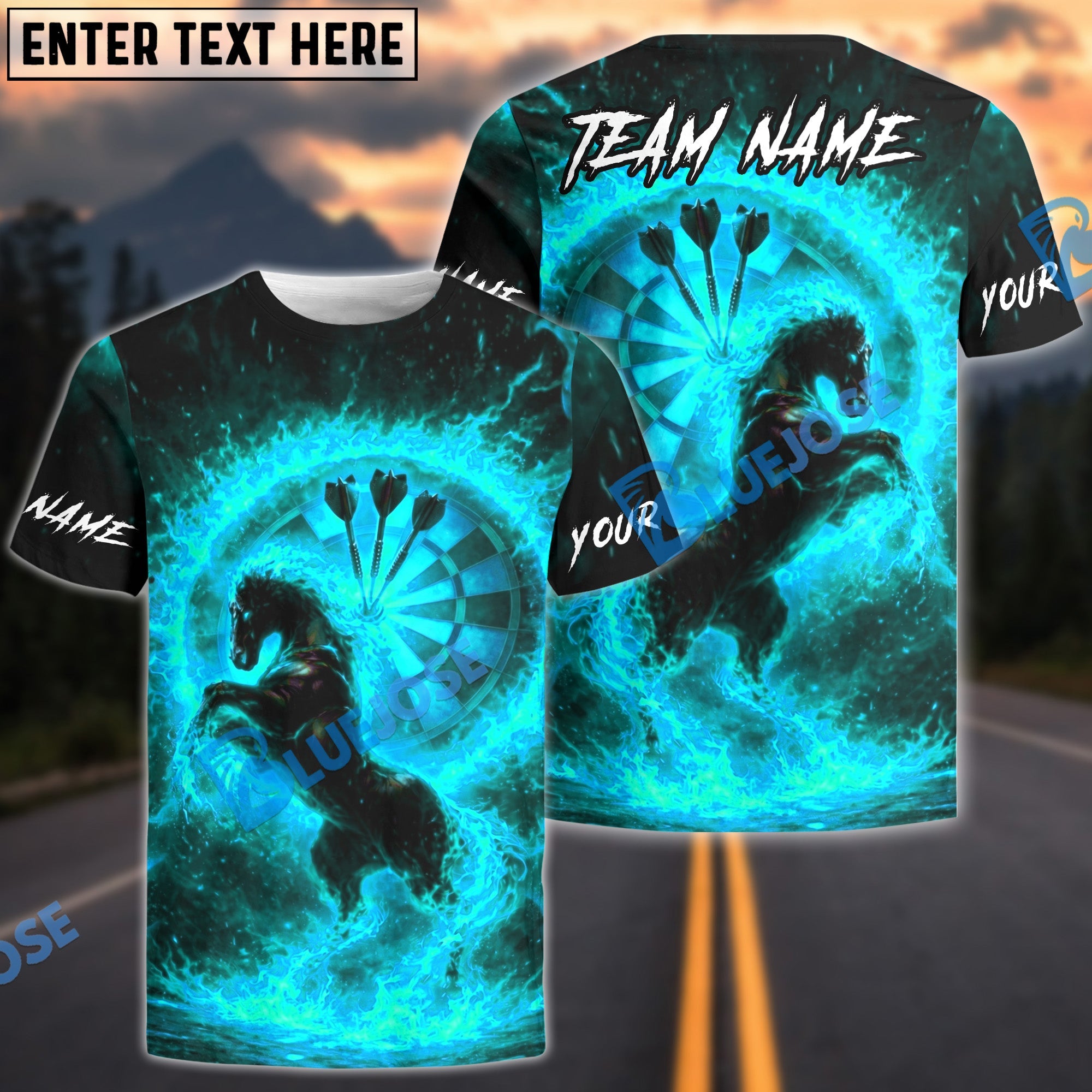 BlueJose Darts Fire Horse Fantasy Multicolor Options Personalized Name Shirt (4 Colors)