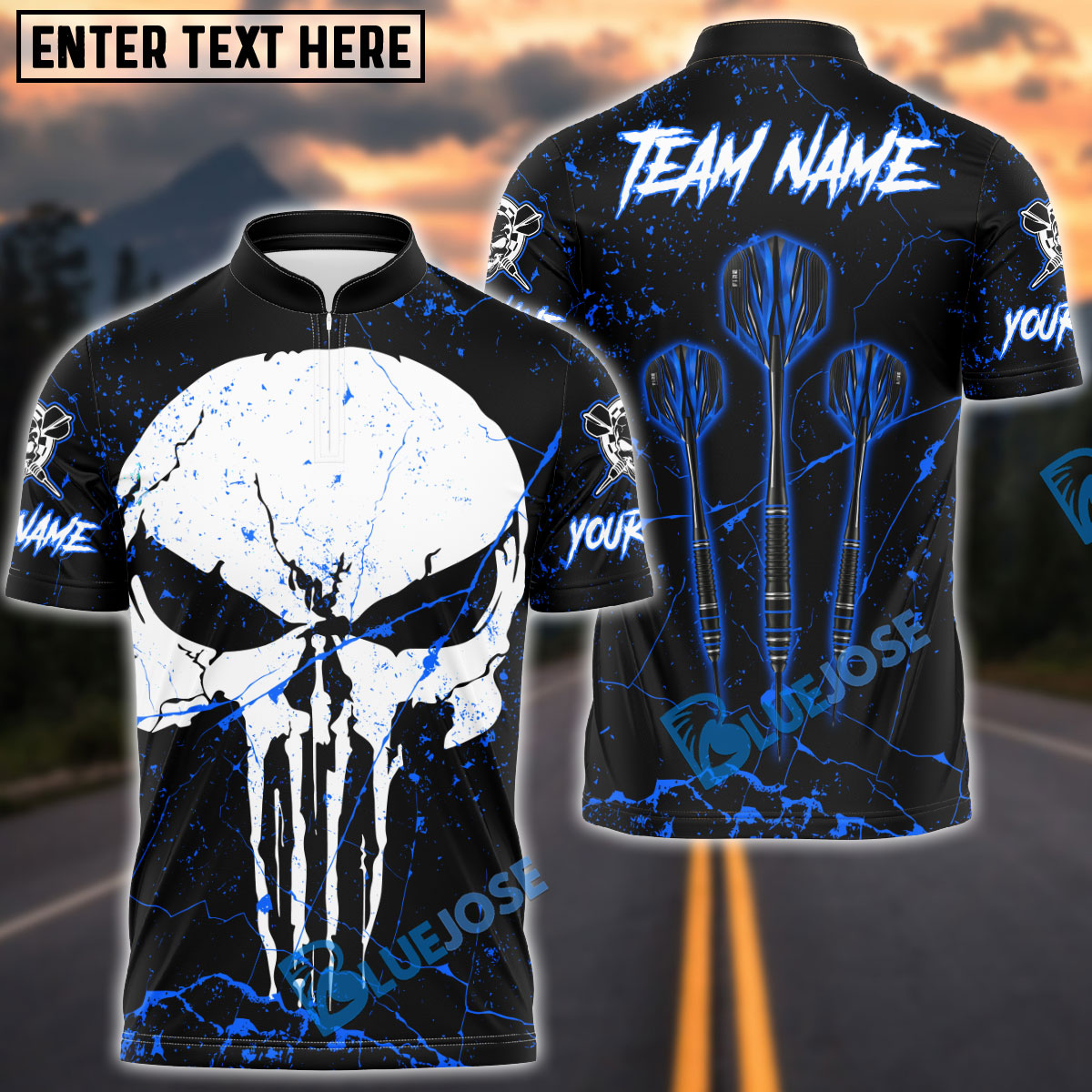 BlueJose Darts Triple Arrow Punisher Skull Personalized Name, Team Name Shirt (4 Colors)