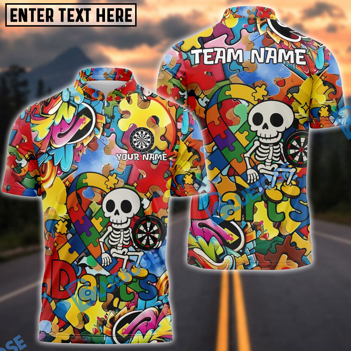 BlueJose Darts Skull Colorful Puzzle Cartoon Autism Awareness Personalized Name, Team Name Shirt
