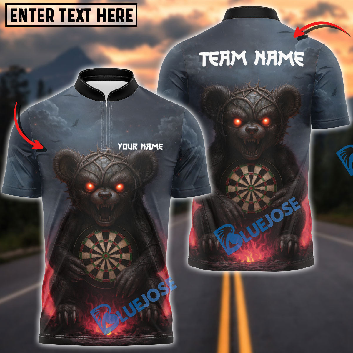 BlueJose Darts Evil Teddy Bear with Dartboard Customized Name, Team Name 3D Shirt (4 Colors)