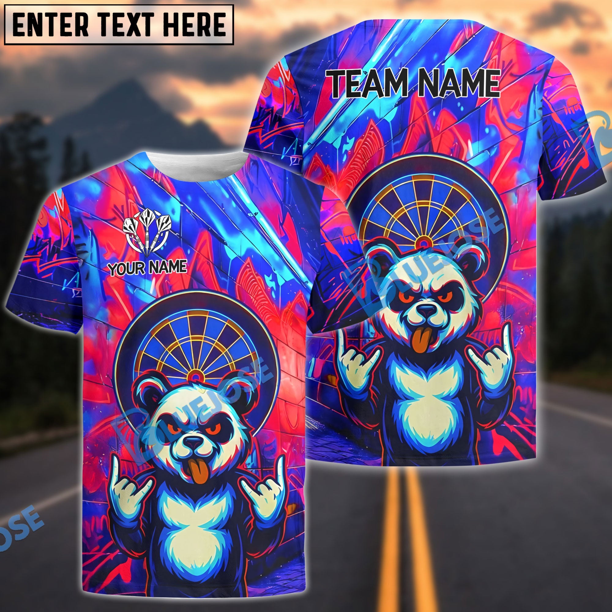 BlueJose Darts Rocker Panda Dartboard Personalized Name, Team Name Shirt (4 Colors)