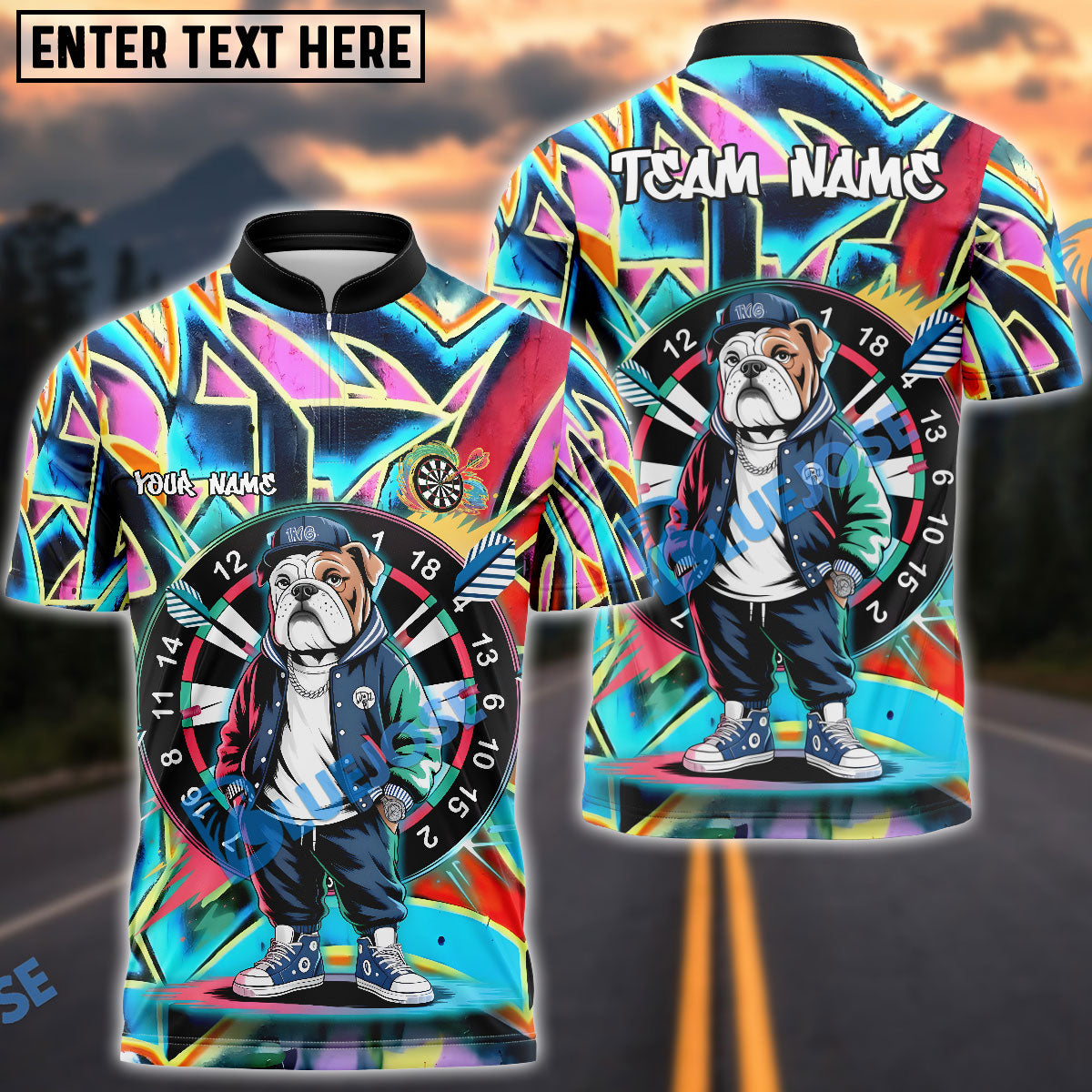 BlueJose Darts Street Bulldog Graffiti Multicolor Options Personalized Name Shirt (4 Colors)