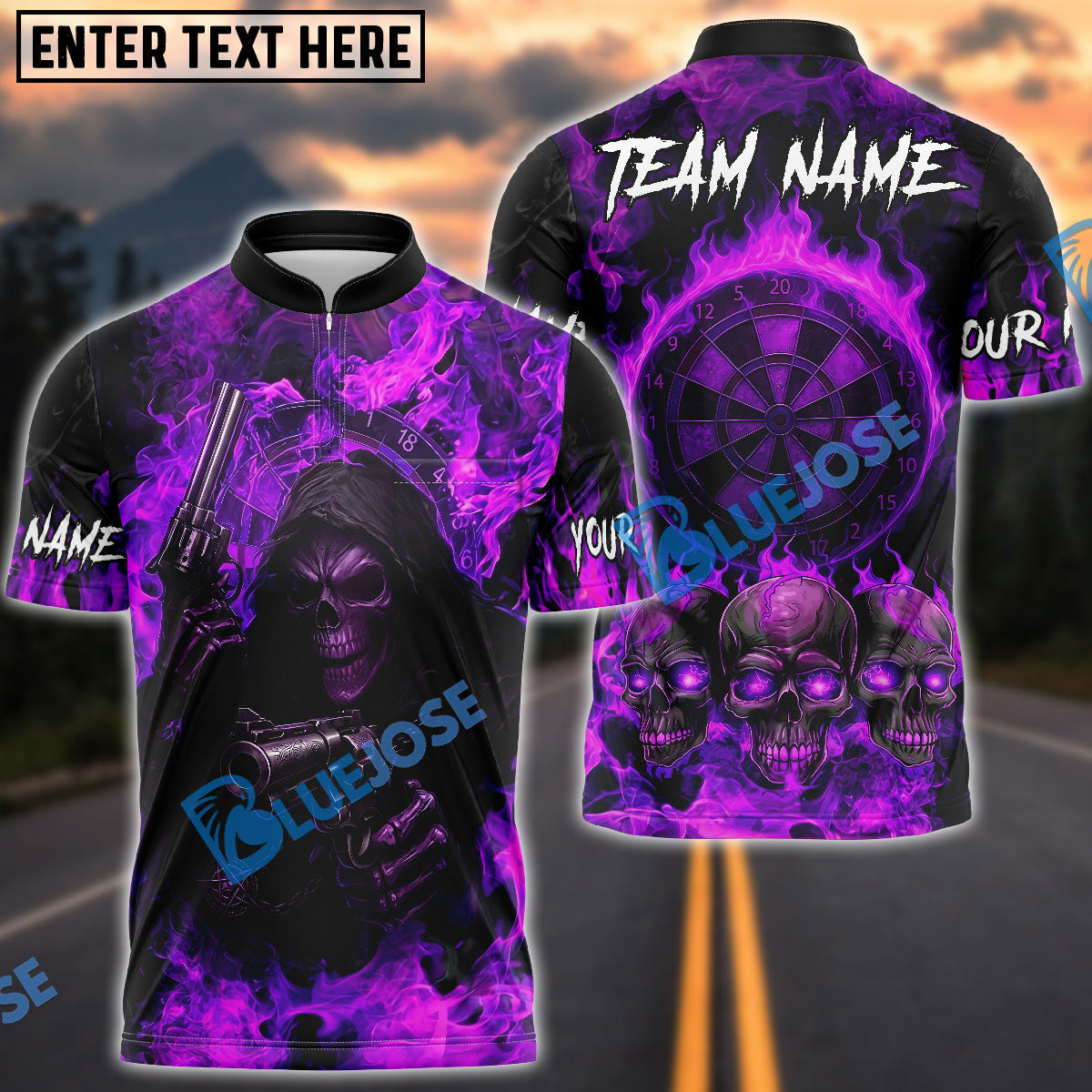 BlueJose Darts Flaming Skull Reaper And Gun Personalized Name, Team Name Unisex Shirt (4 Colors)