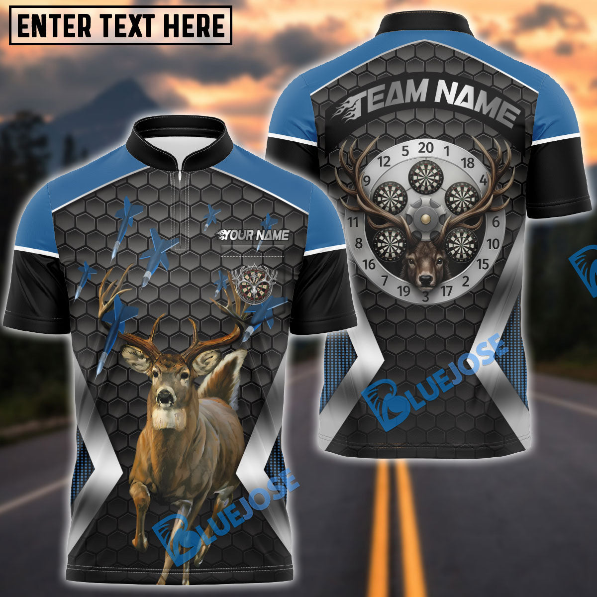 BlueJose Darts Hunter Deer Buck Personalized Name, Team Name Unisex Shirt (4 Colors)