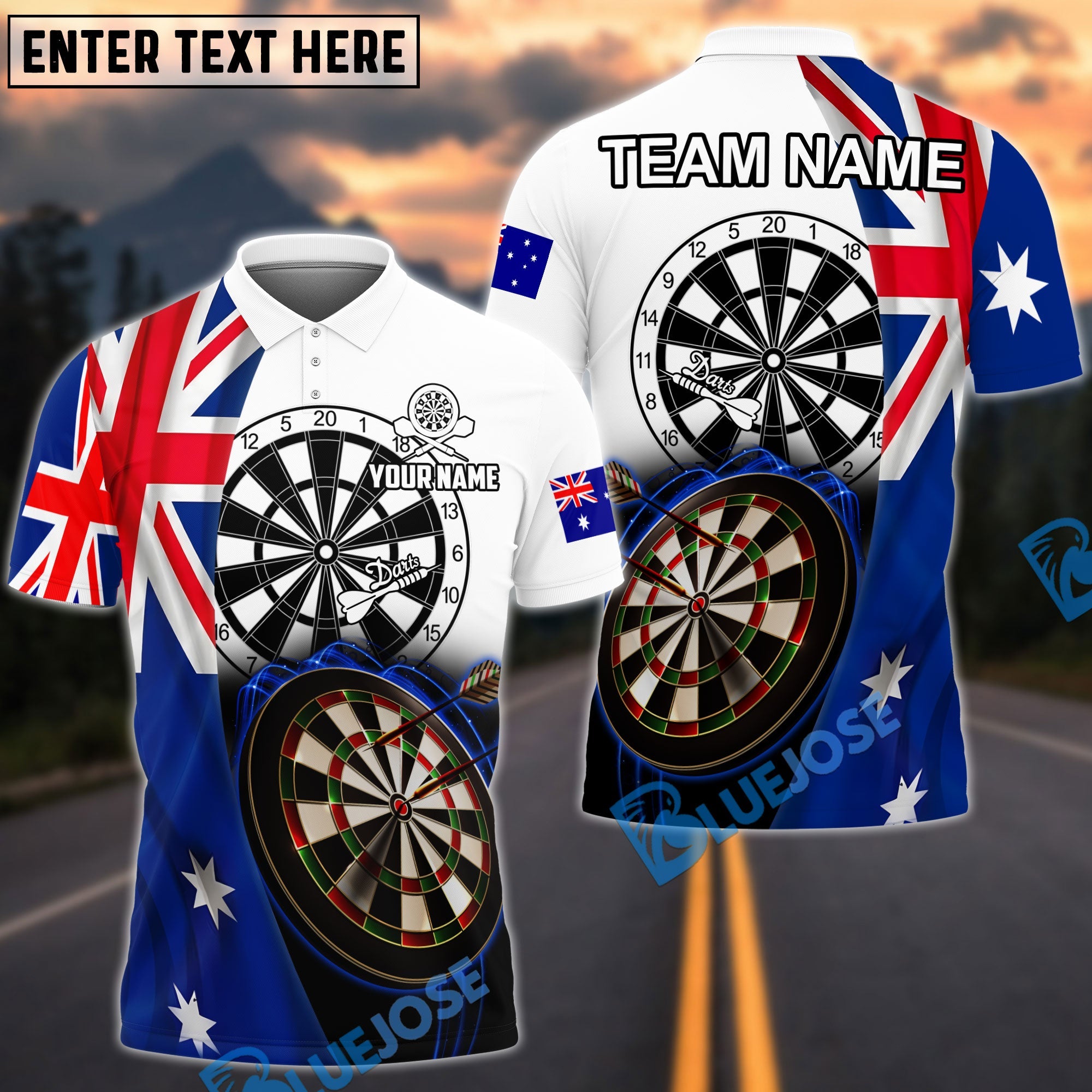 BlueJose Darts Australian Flag Dartboard Style Personalized Name, Team Name Shirt