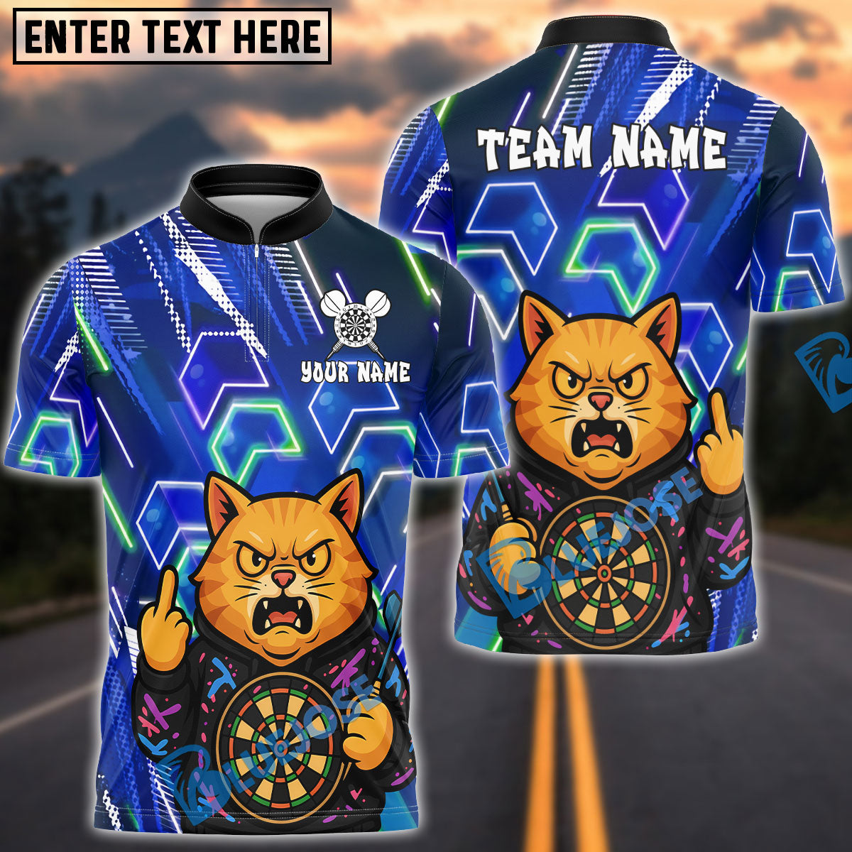 BlueJose Darts Cat Neon Angry Cat Customized Name, Team Name 3D Shirt (4 Colors)