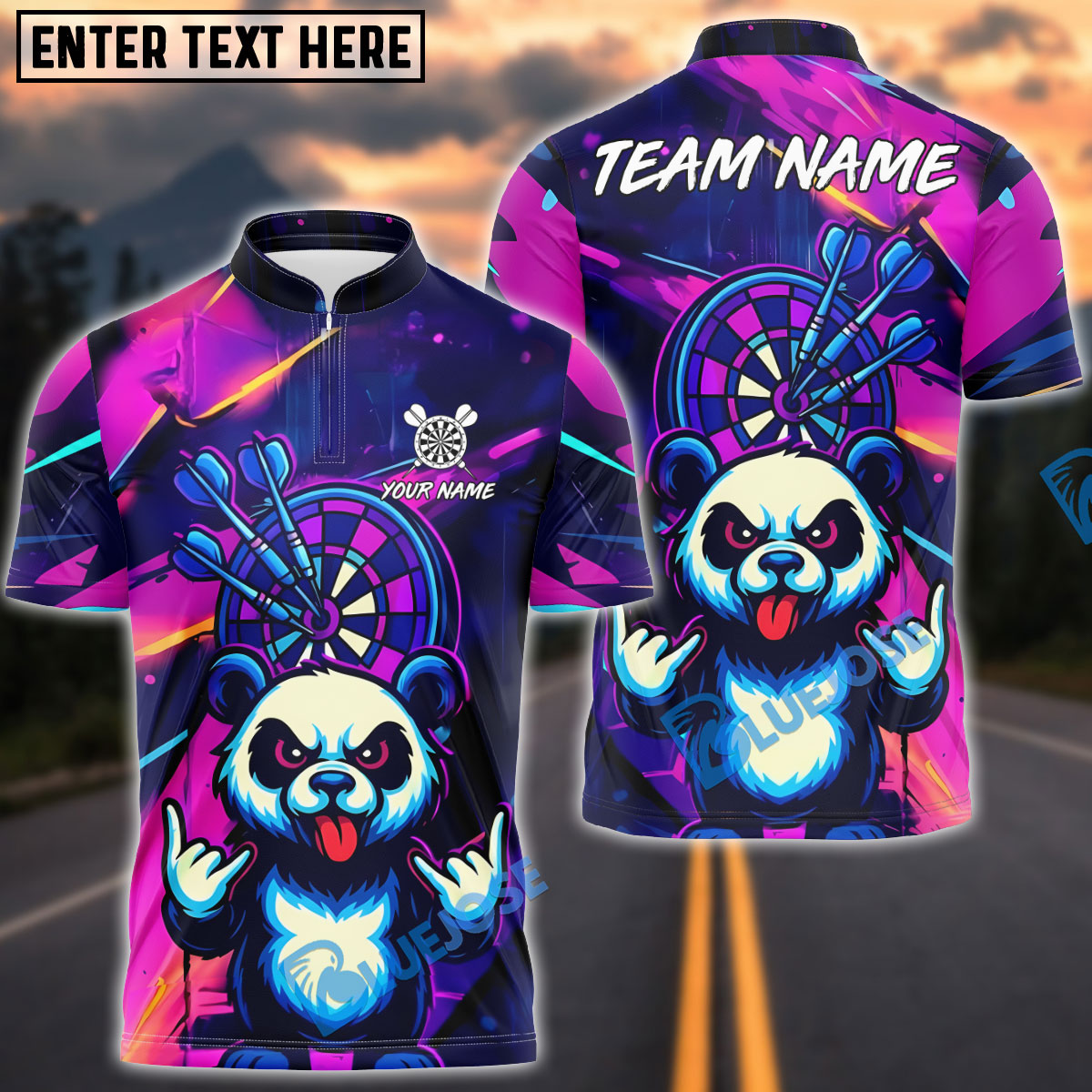 BlueJose Darts Angry Panda Neon Graffiti Customized Name, Team Name 3D Shirt (4 Colors)