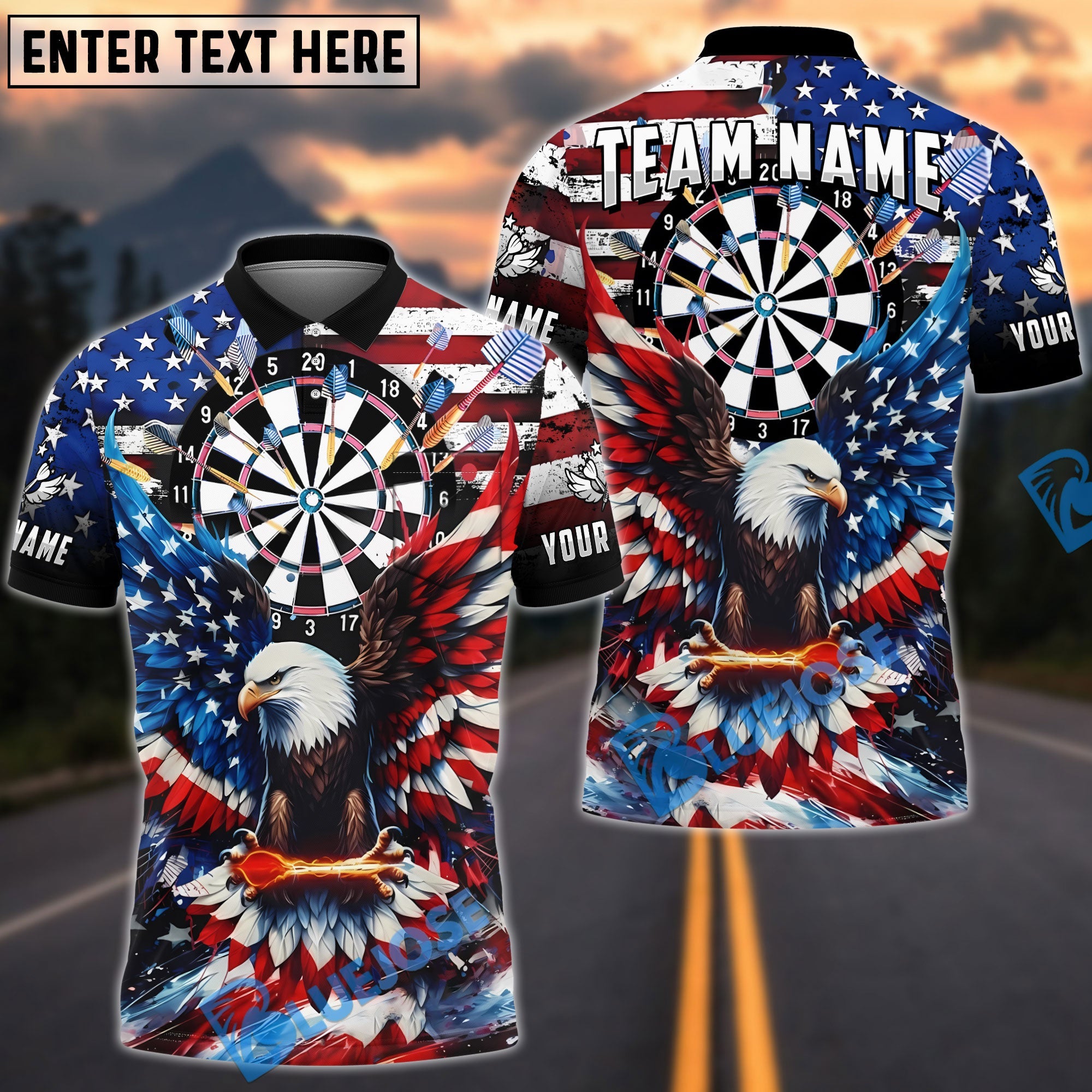 BlueJose Darts Eagle Dartboard American Flag Design Personalized Name Shirt