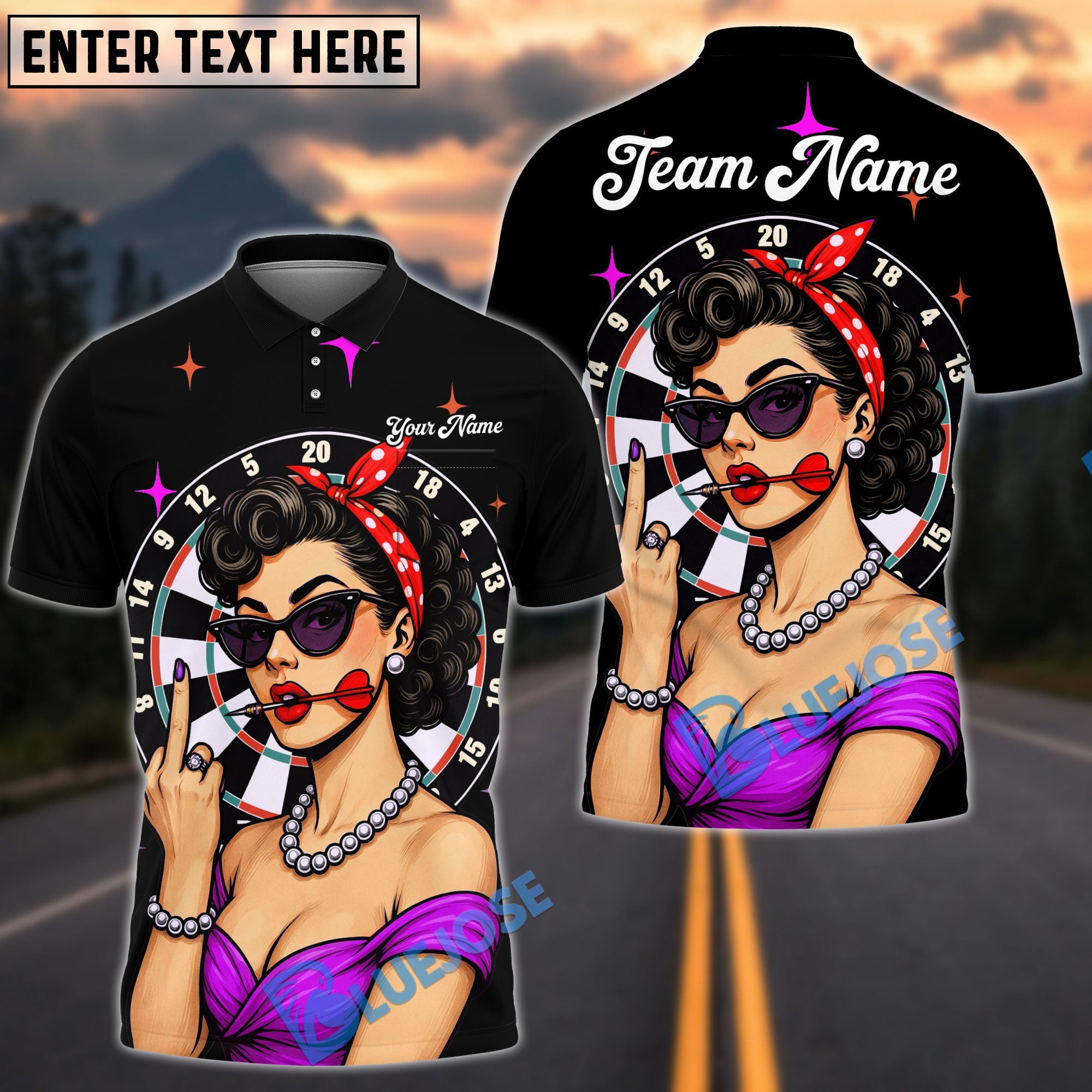 BlueJose Darts Pinup Girl Retro Style Multicolor Options Personalized Name Shirt (4 Colors)