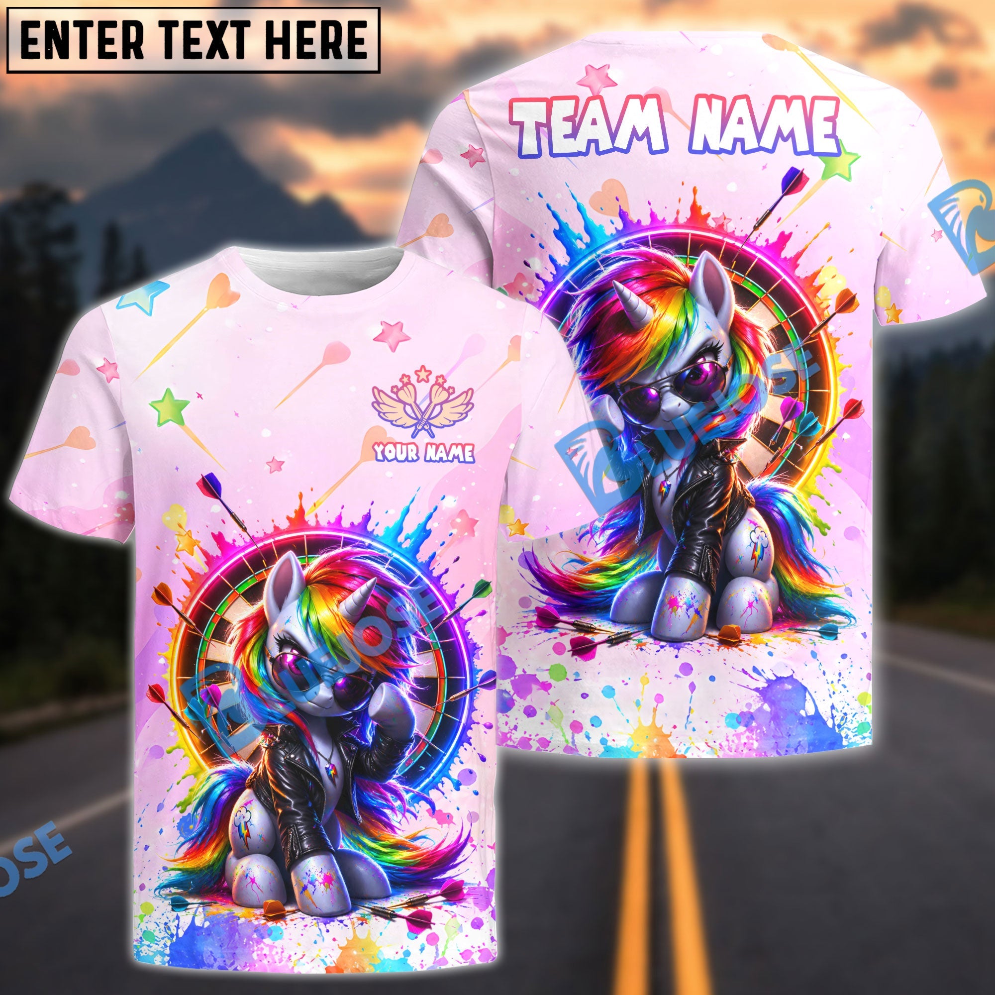 BlueJose Darts Unicorn Rainbow Splash Cool Style Personalized Name Shirt