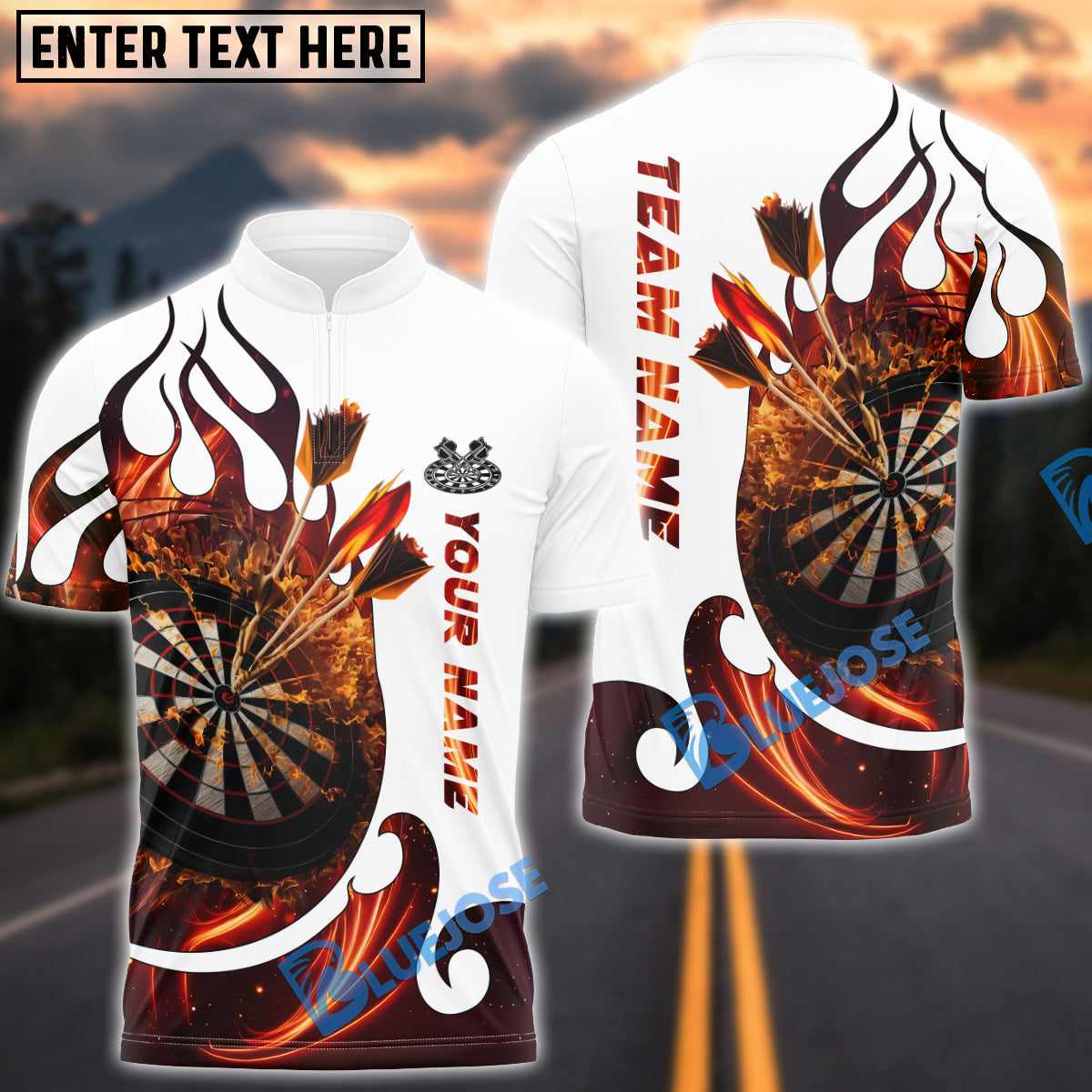 BlueJose Darts White Fire Dartboard Customized Name, Team Name 3D Shirt (4 Colors)