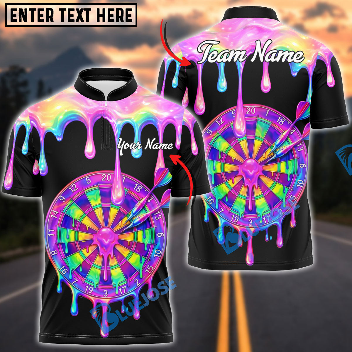BlueJose Darts Rainbow Melt Dripping Dartboard Multicolor Options Personalized Name Shirt (6 Colors)