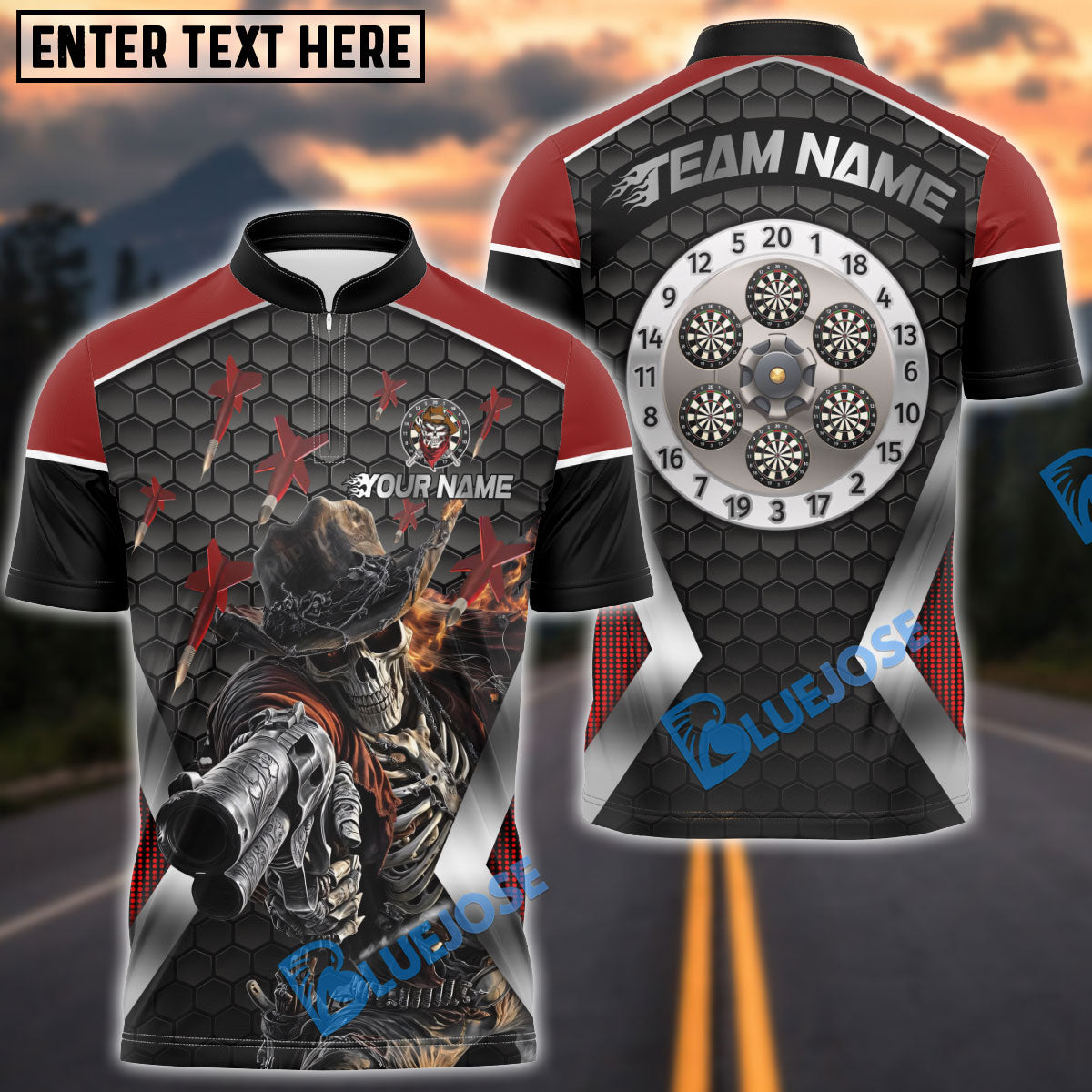 BlueJose Darts Skull Cowboy Personalized Name, Team Name Shirt (4 Colors)