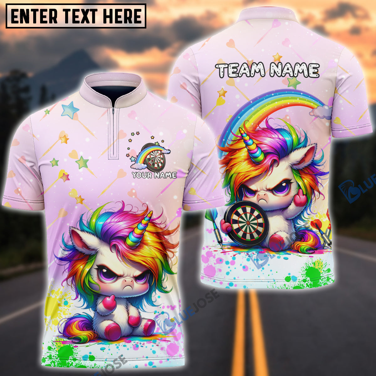 BlueJose Darts Cute Angry Unicorn Rainbow Dartboard Personalized Name Shirt