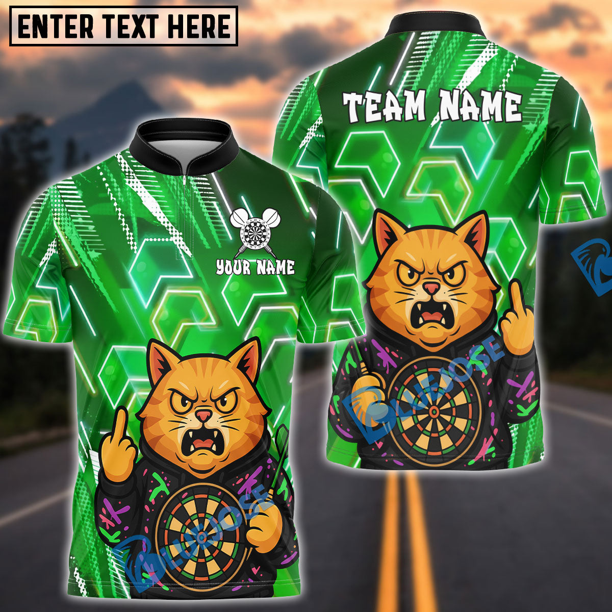 BlueJose Darts Cat Neon Angry Cat Customized Name, Team Name 3D Shirt (4 Colors)