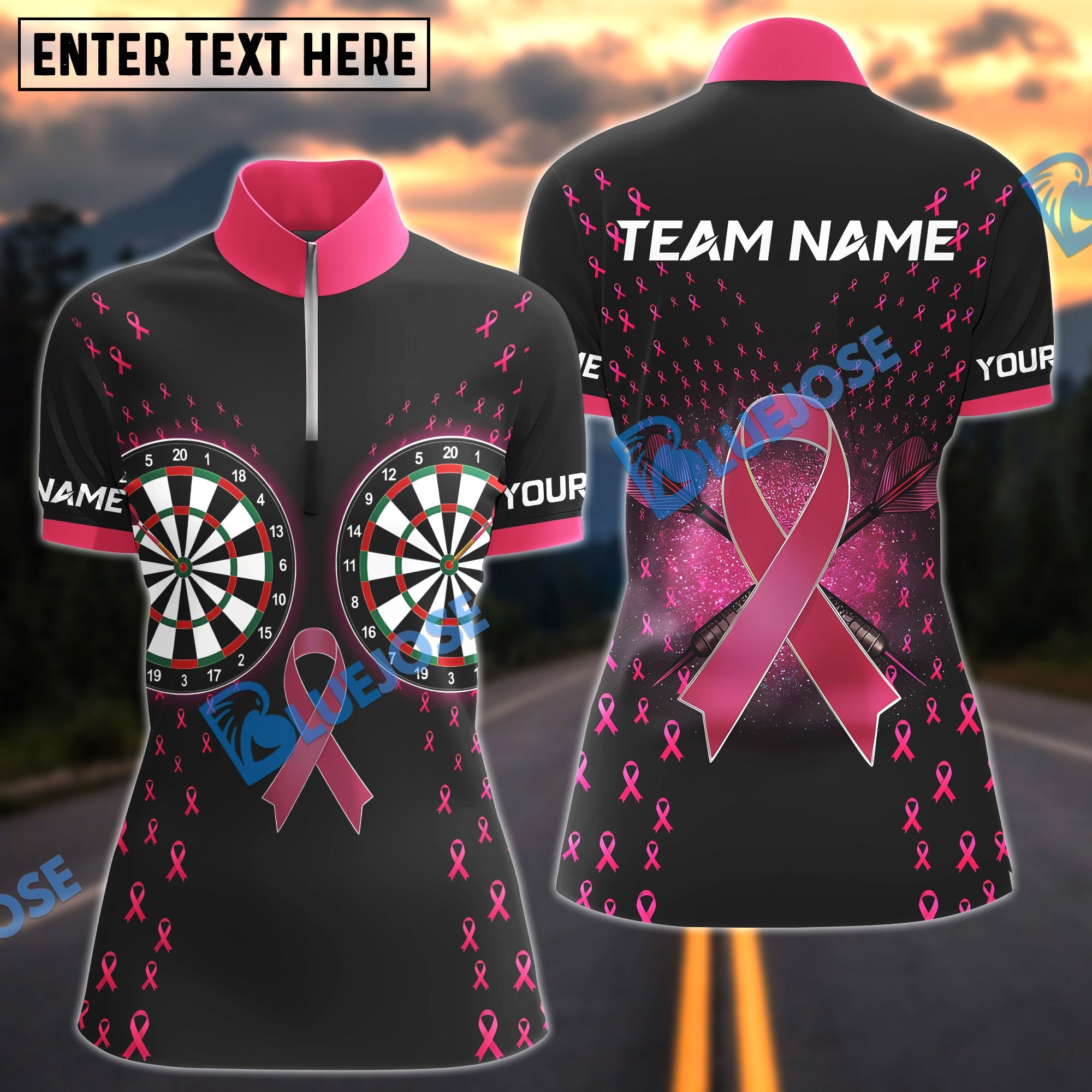 BlueJose Darts Strong in Pink Breast Cancer Awareness Ribbon Personalized Name Shirt