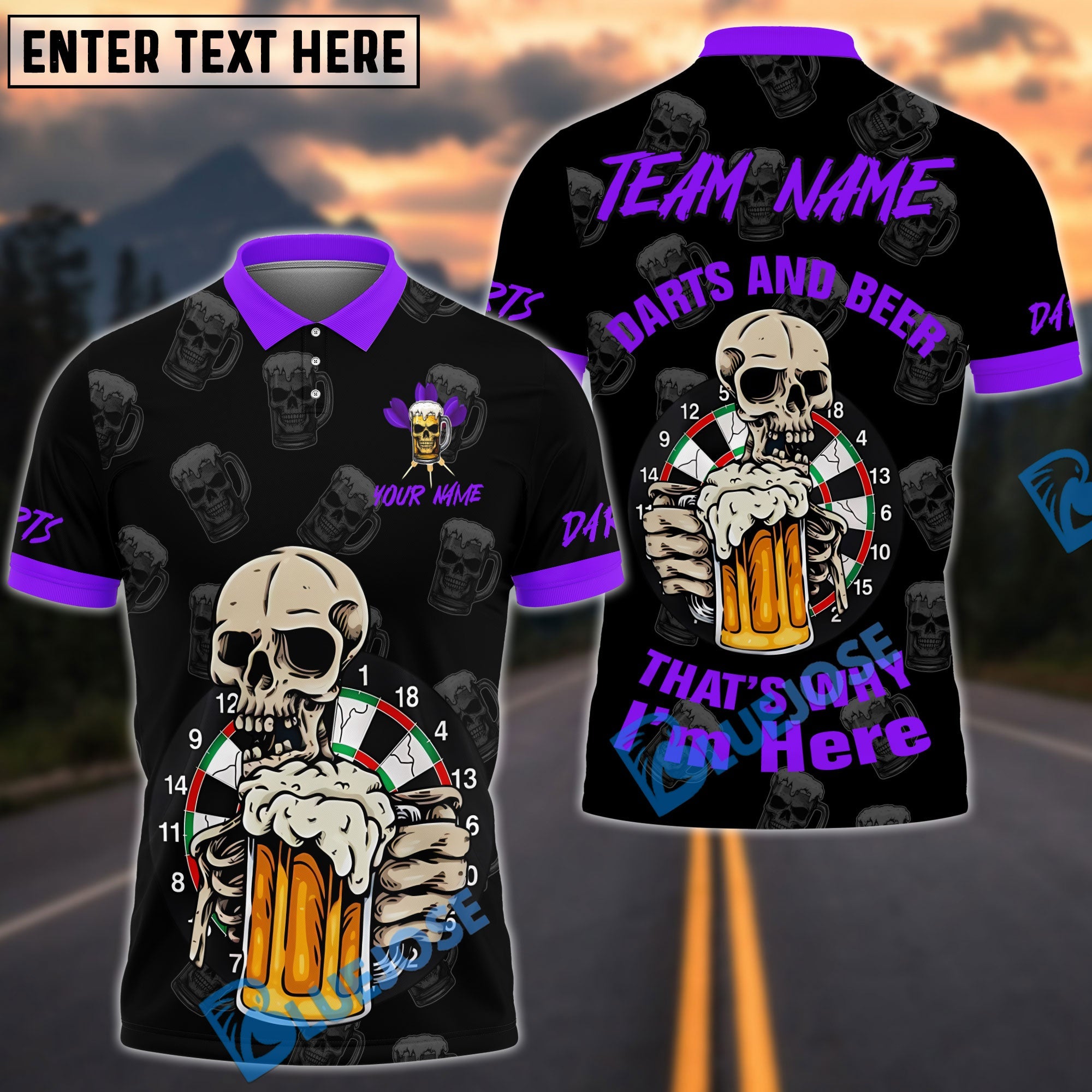 BlueJose Darts Skull Beer Mug That‚Äôs Why I‚Äôm Here Customized Name, Team Name 3D Shirt (4 Colors)