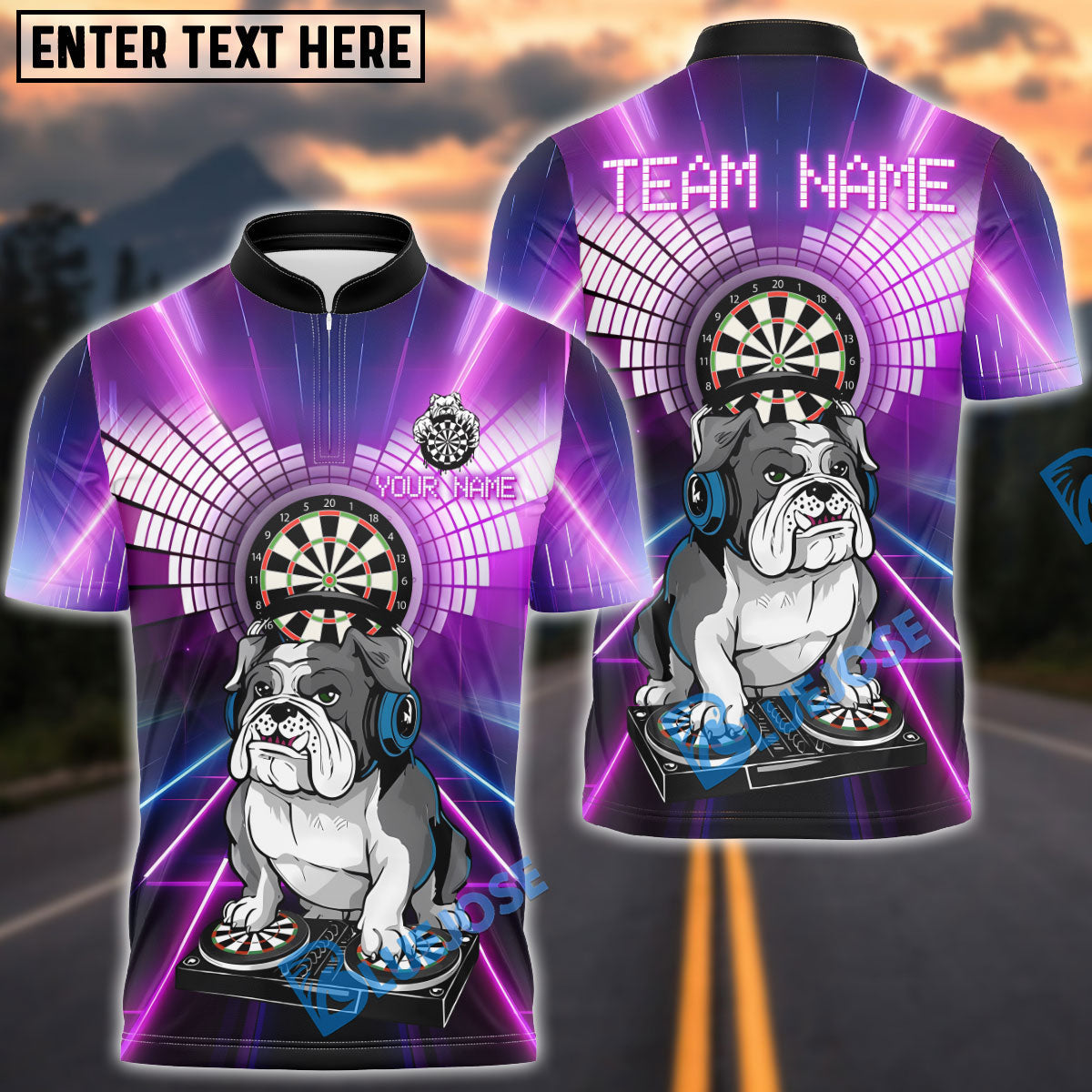BlueJose Darts DJ Bulldog Multicolor Options Personalized Name Shirt (4 Colors)