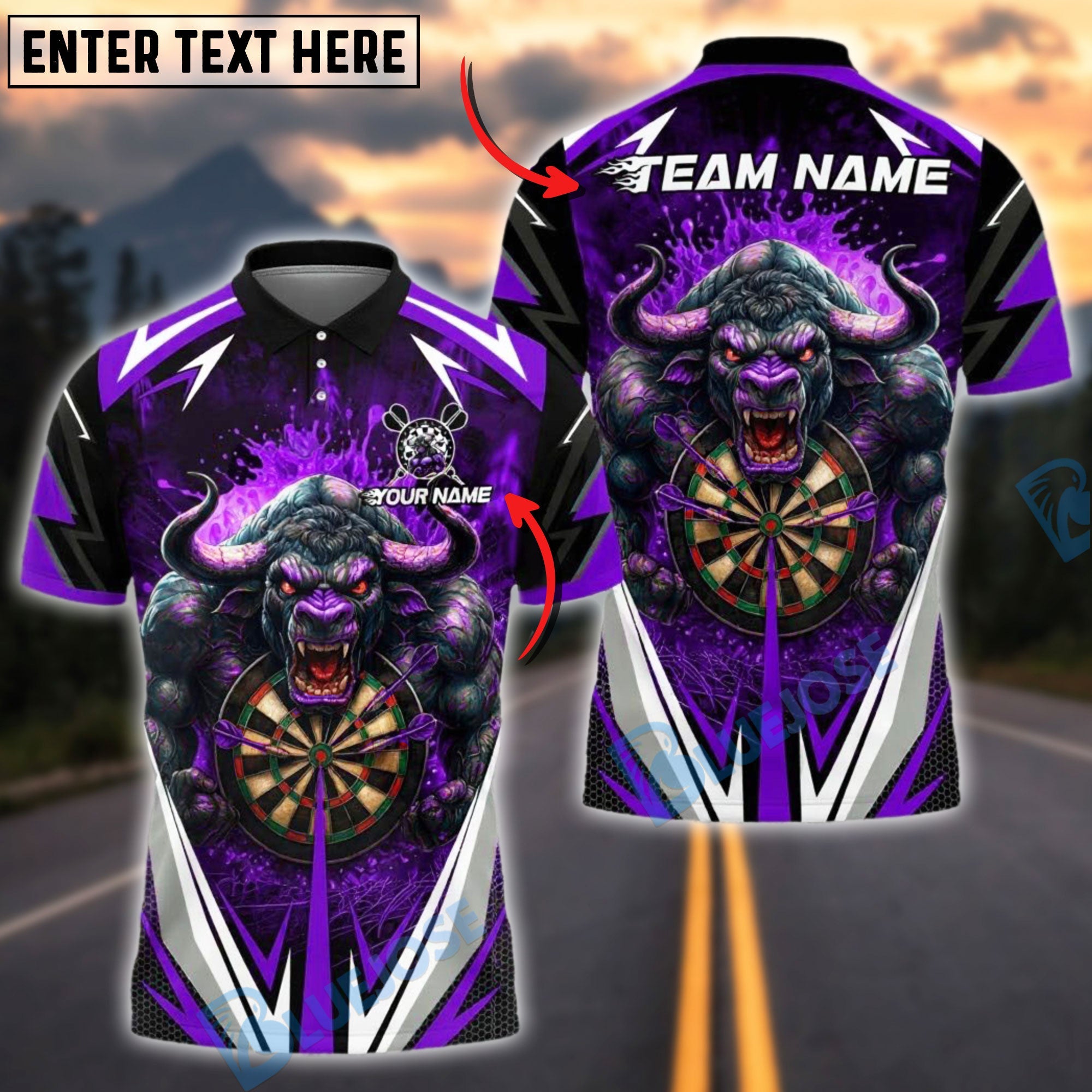 BlueJose Darts Fire Bull Customized Name, Team Name 3D Shirt (4 Colors)