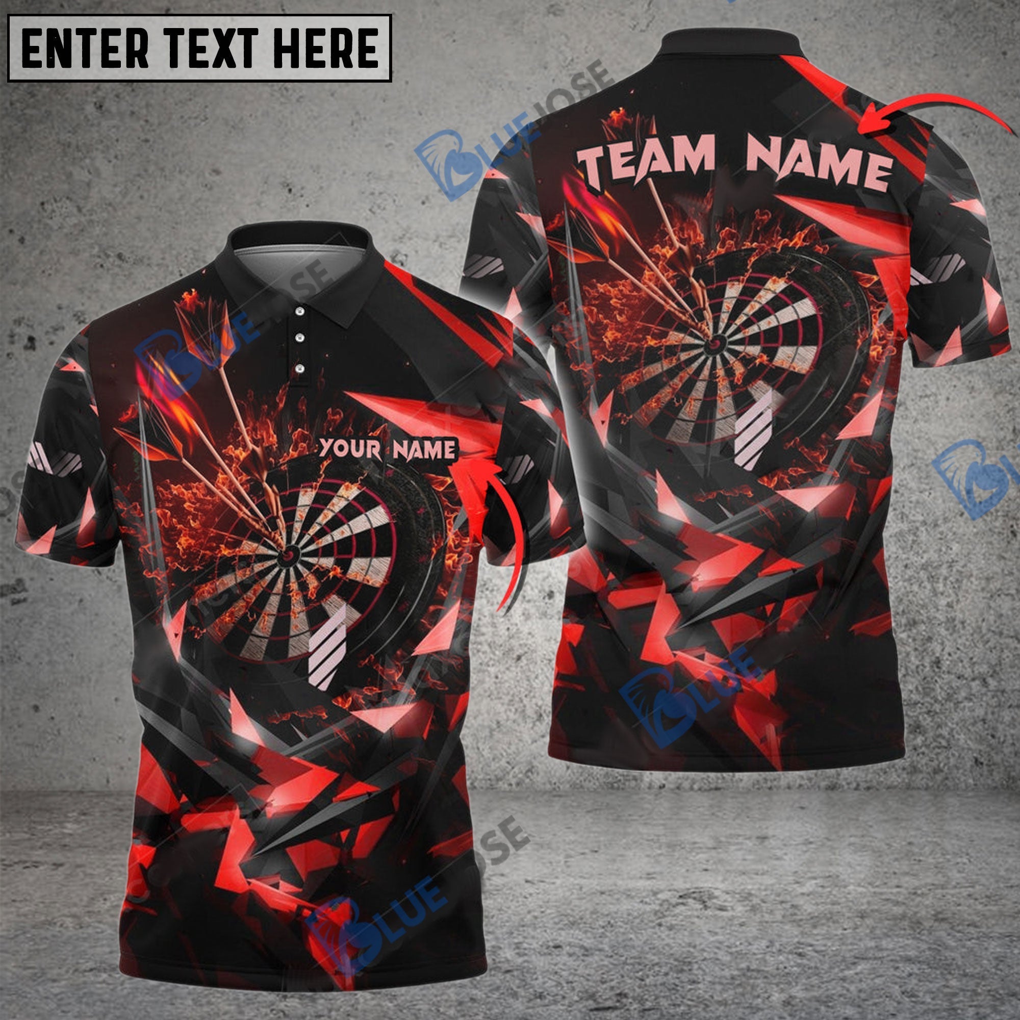BlueJose Thunder Rising Darts Personalized Name, Team Name Pocket Shirt (6 Colors)