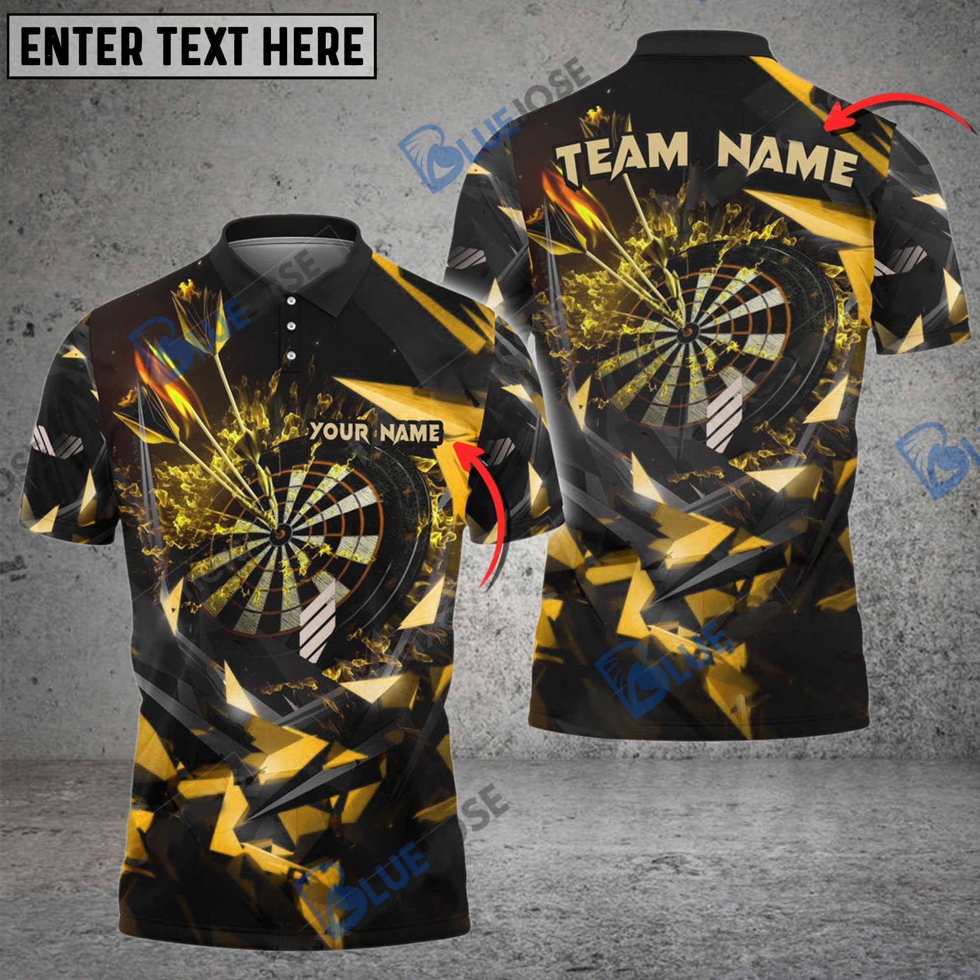 BlueJose Thunder Rising Darts Personalized Name, Team Name Pocket Shirt (6 Colors)