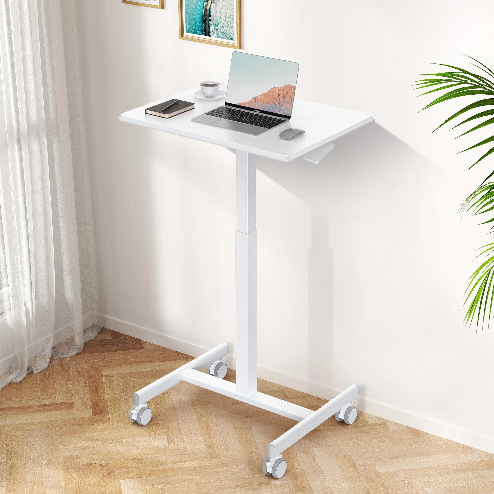 JHK Mobile Small Standing Desk Portable Computer Desk Laptop Height Adjustable Table Sitting Workstation Lockable Wheels