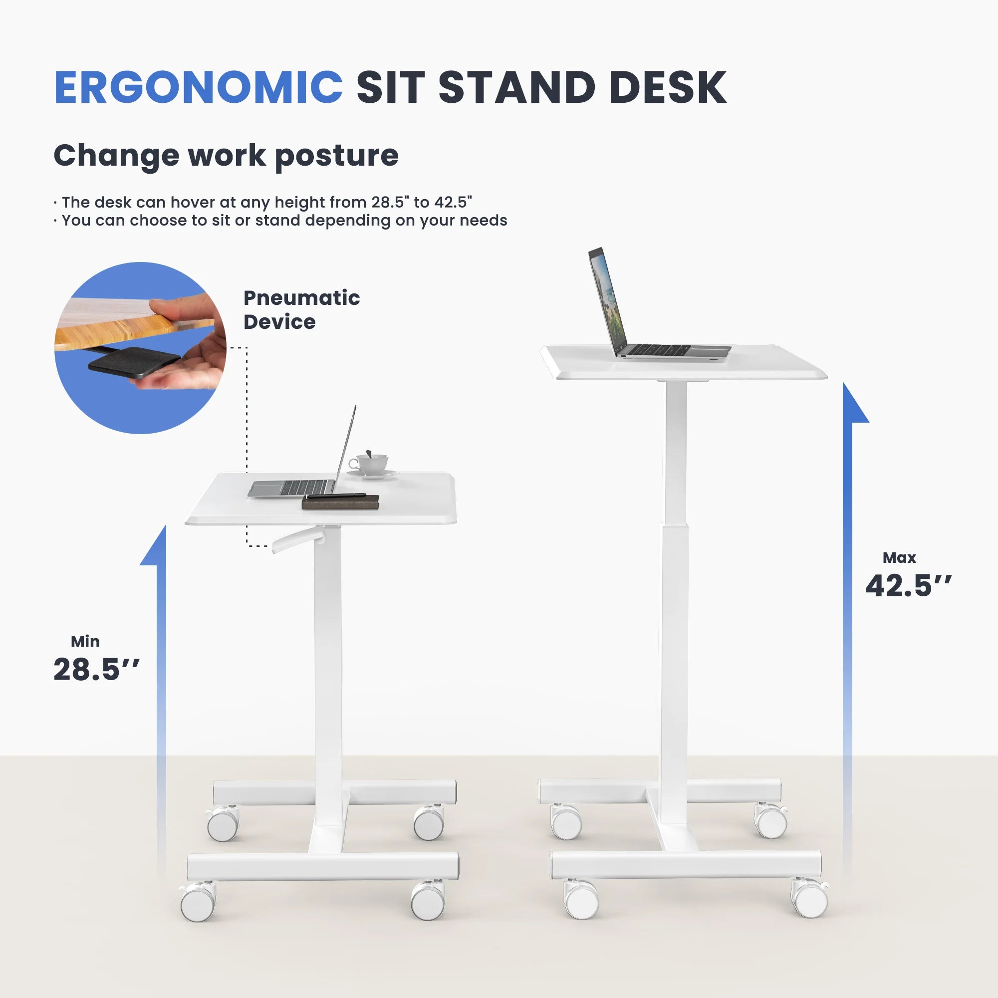 JHK Mobile Small Standing Desk Portable Computer Desk Laptop Height Adjustable Table Sitting Workstation Lockable Wheels