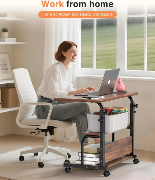 Adjustable Height Rolling Desk with Storage Shelves, Portable Computer Table for Small Spaces Home Office