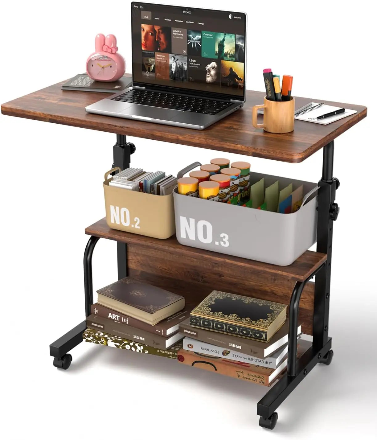 Adjustable Height Rolling Desk with Storage Shelves, Portable Computer Table for Small Spaces Home Office