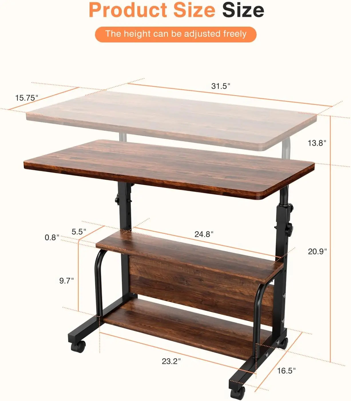 Adjustable Height Rolling Desk with Storage Shelves, Portable Computer Table for Small Spaces Home Office