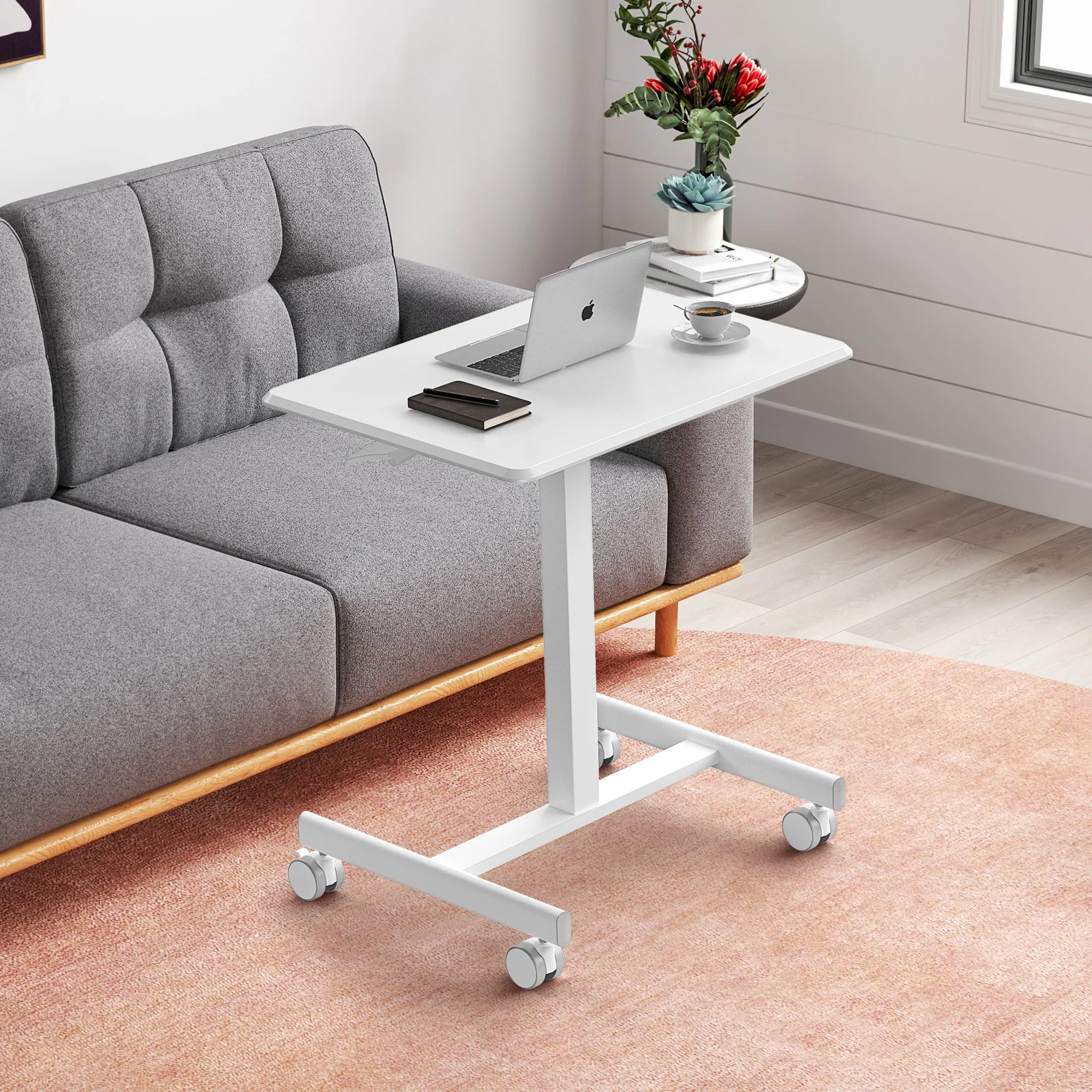 JHK Mobile Small Standing Desk Portable Computer Desk Laptop Height Adjustable Table Sitting Workstation Lockable Wheels