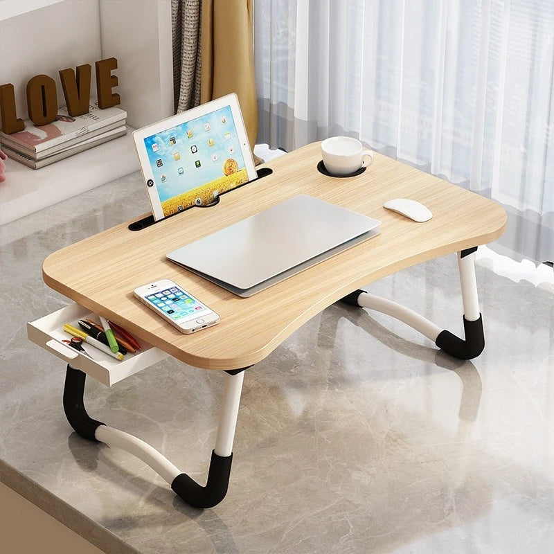 Folding Mini Table, Bed Tray Cup Holder Type Laptop Desk, Sitting Table, Cup Holder Drawer Tablet Stand, Folding Small Table