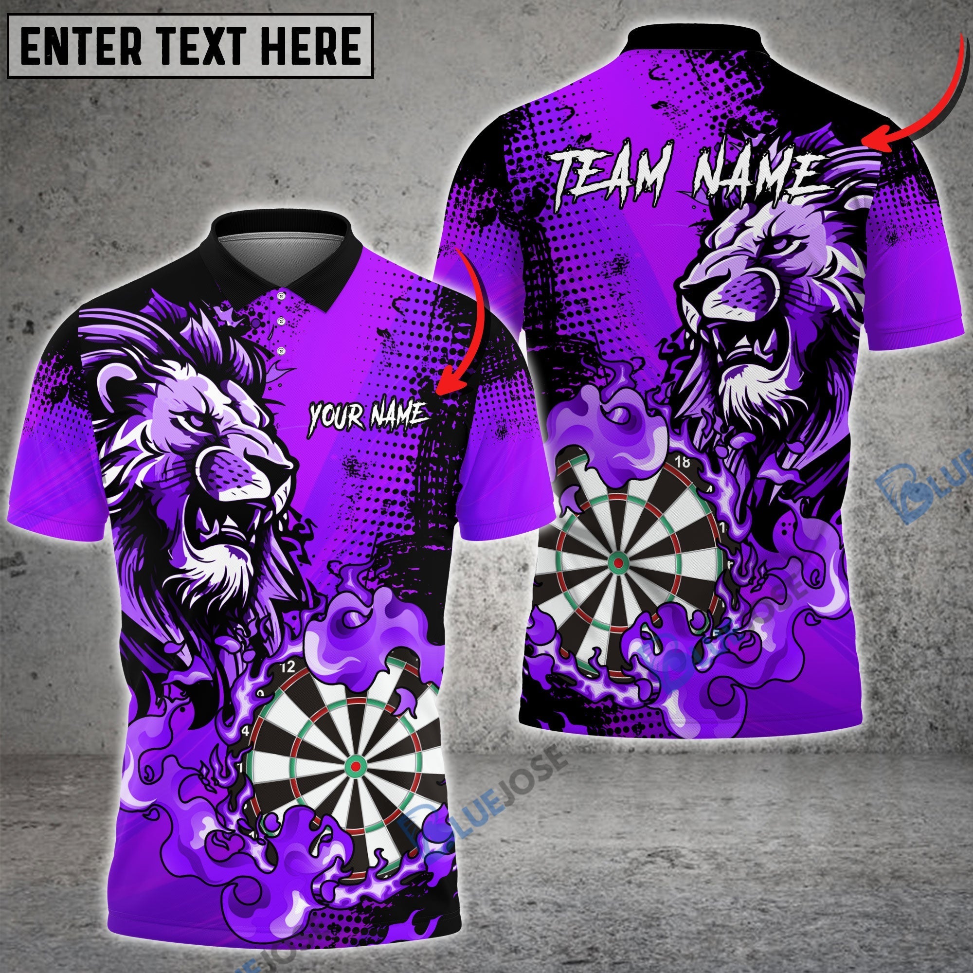BlueJose Darts Flame Lion Personalized Name, Team Name Pocket Shirt (4 Colors)