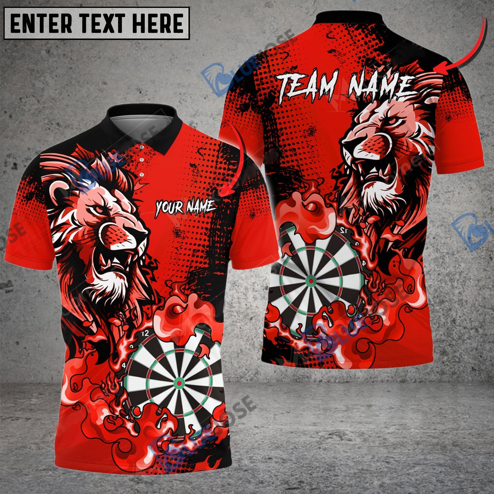 BlueJose Darts Flame Lion Personalized Name, Team Name Pocket Shirt (4 Colors)